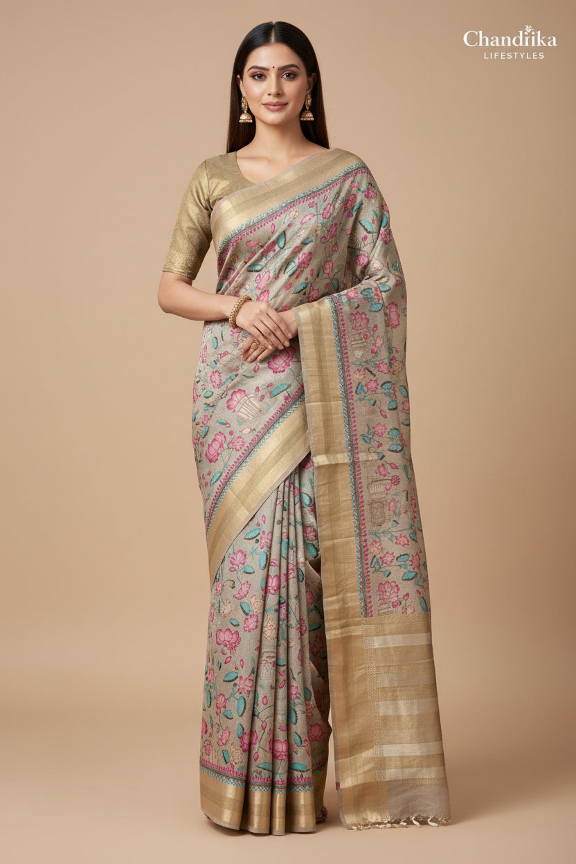 Beige Maheshwari Saree with All-Over Pichwai Painting