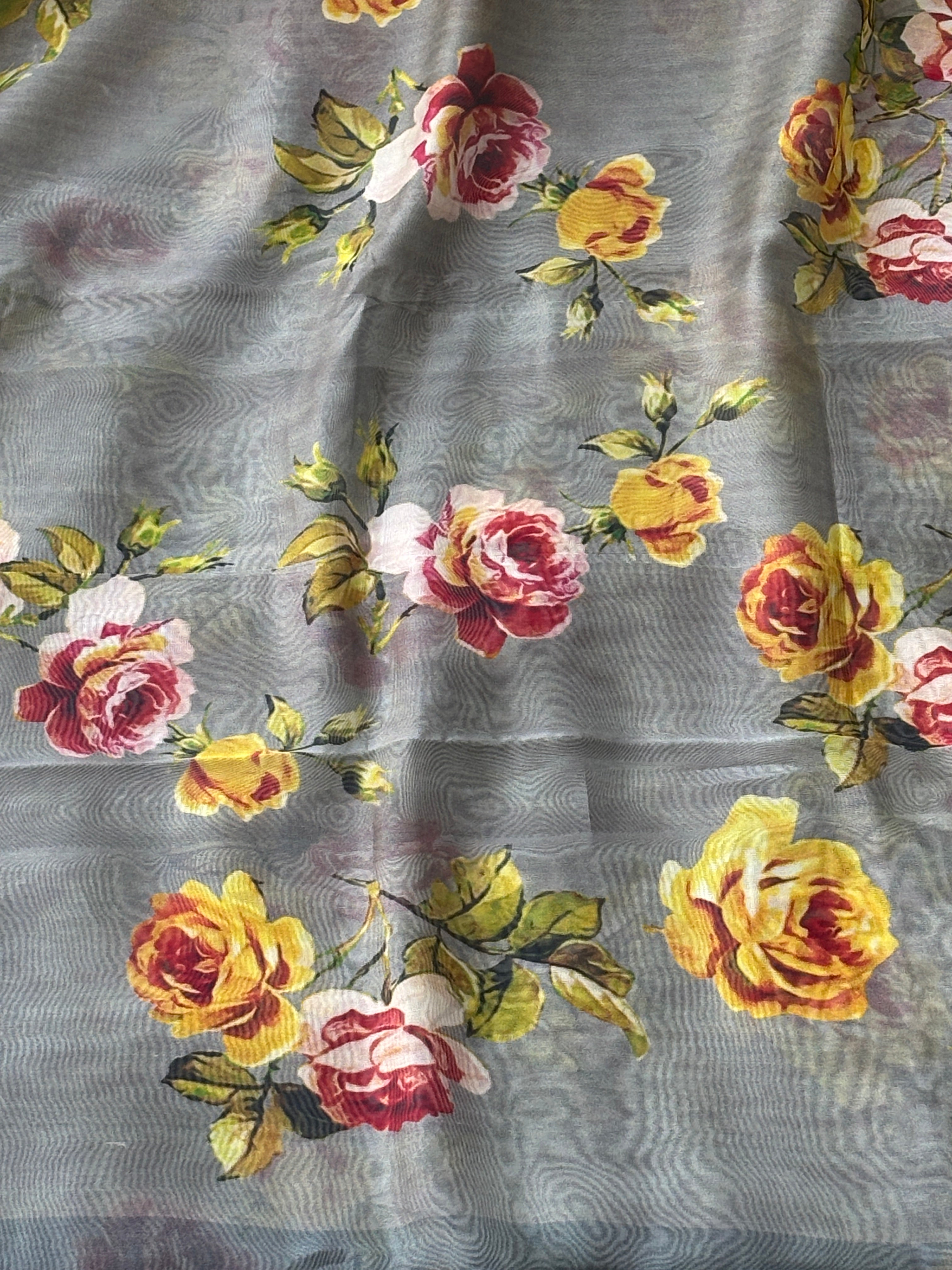 Pure Georgette Banarasi Saree with Broad Zari Border & Grey Floral Digital Print