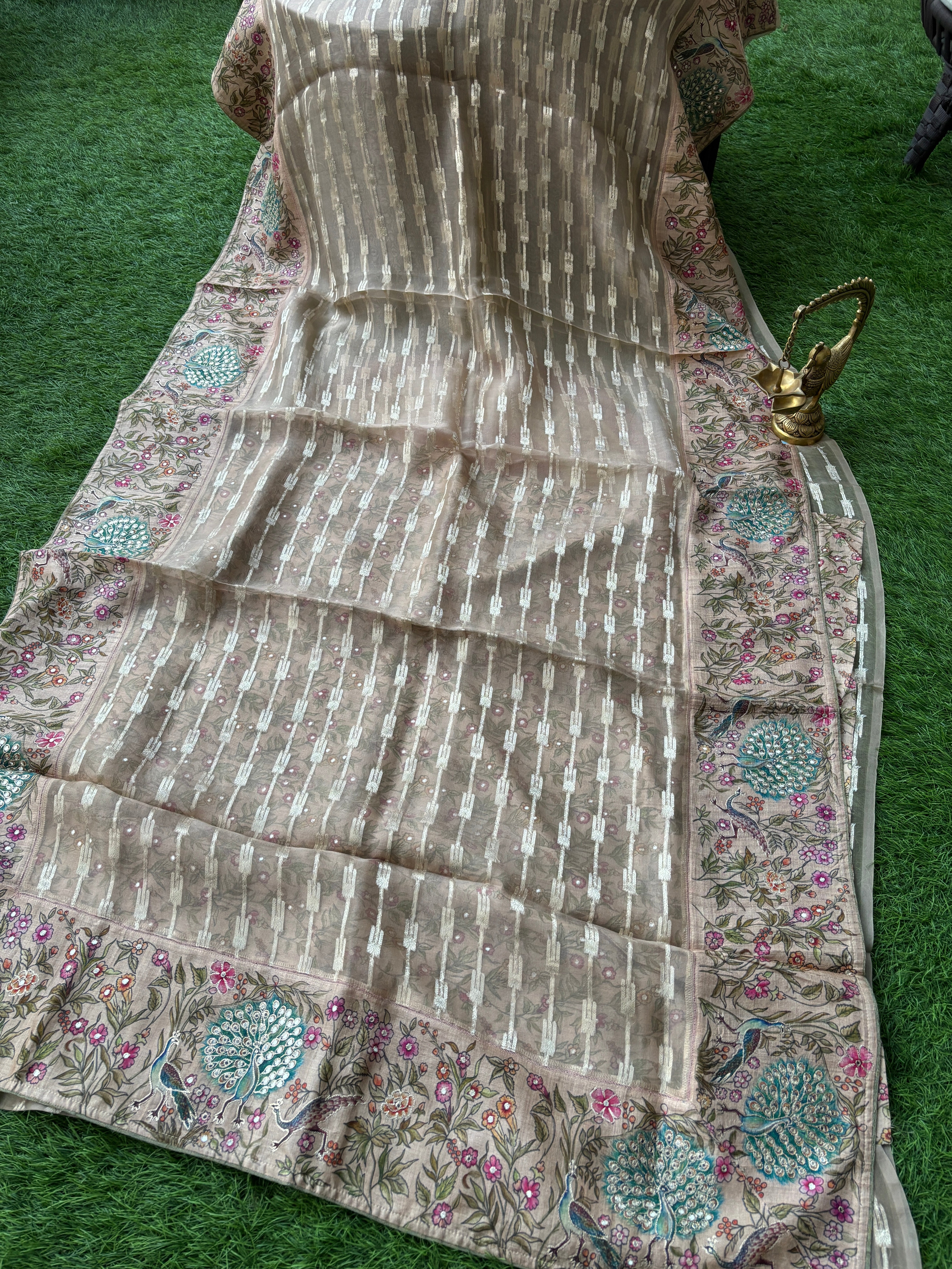 Beige Tissue Kora Saree with Figure Embroidery & Allover Zari Weaving | Chandrika Lifestyles