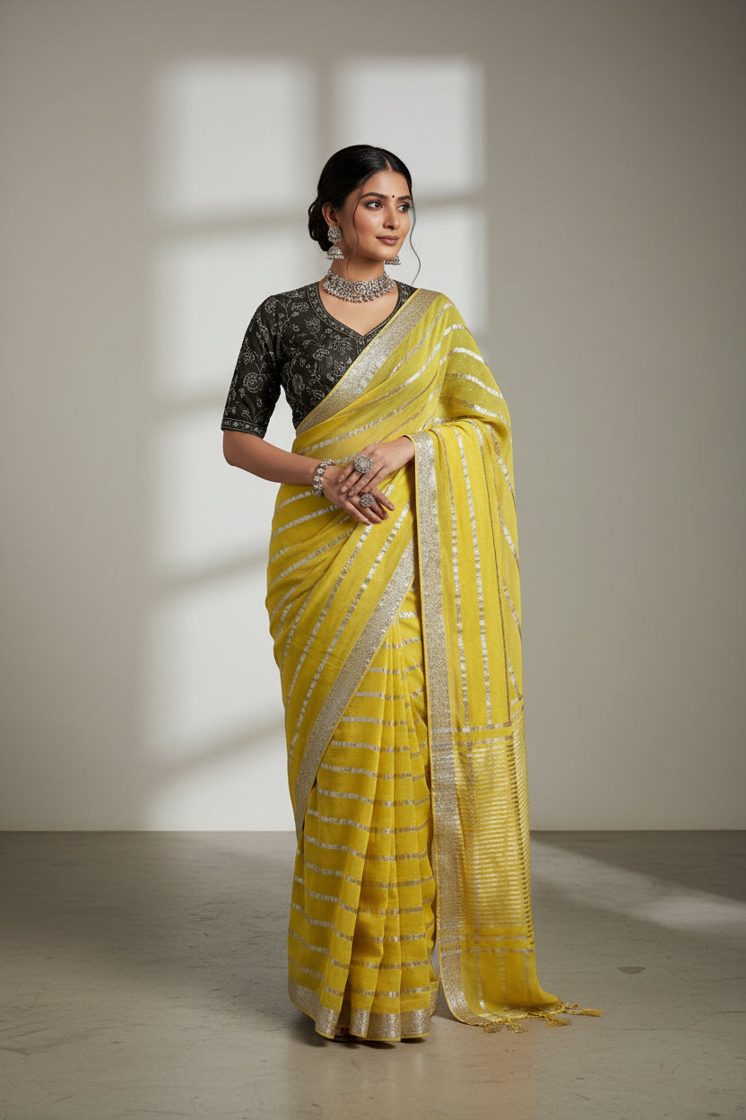 Royal Lemon Yellow Pure Georgette Saree with Silver Stripes & Heavy work Mehendi Designer Blouse