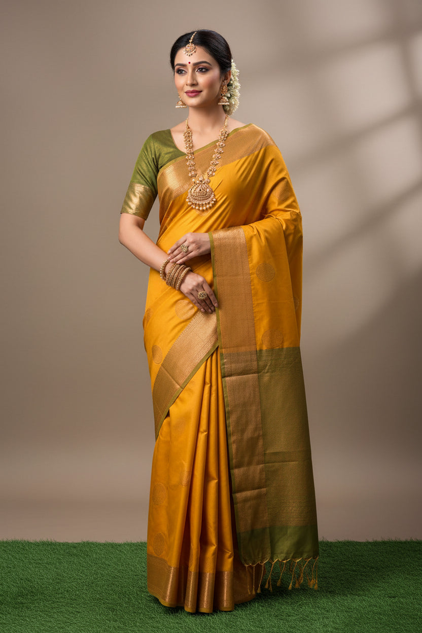 Mango Yellow Art Silk Kanjeevaram Saree with Green Pallu | Chandrika Lifestyles