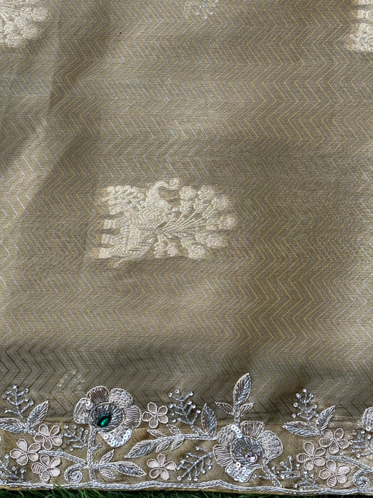Royal Biscuit Beige Pure Tissue Silk Saree with Zigzag Weaving, Buta Work & Heavy Zardozi Border