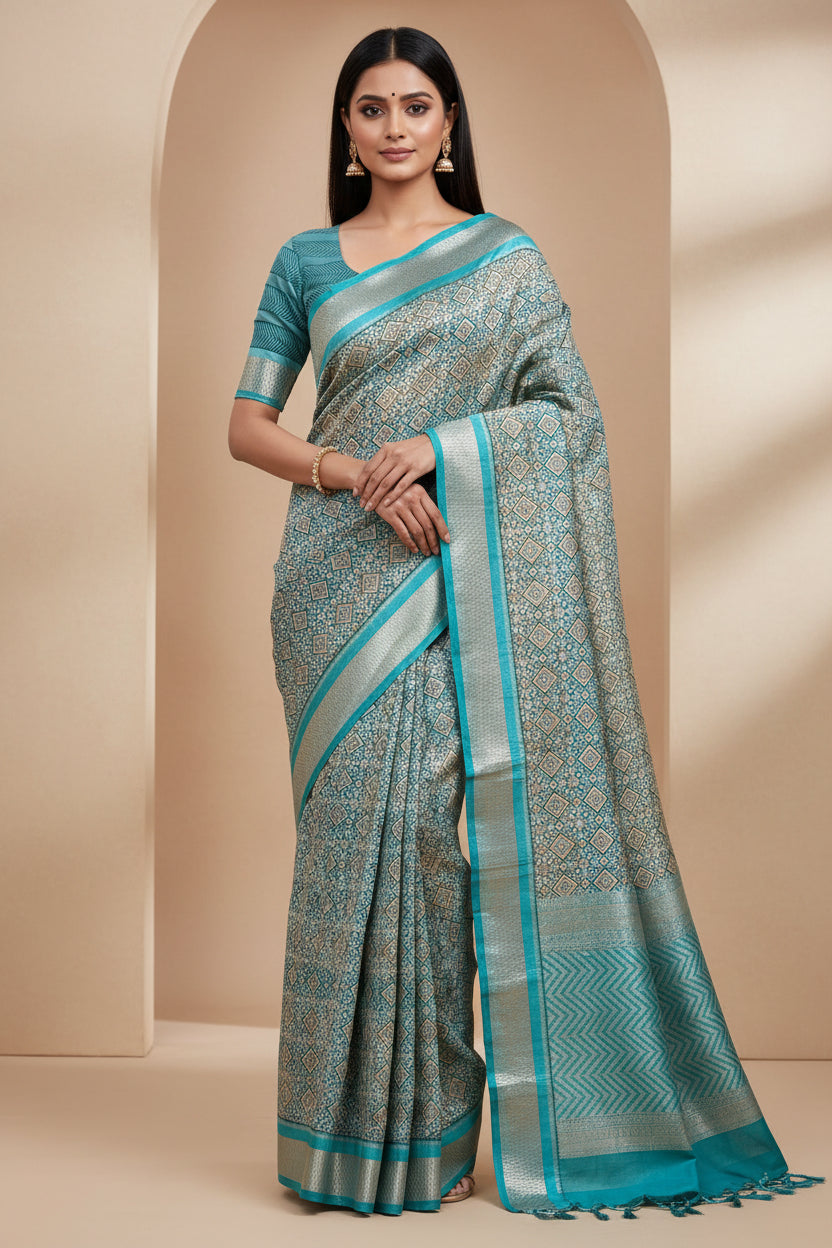 Model Wearing Sea Blue Maheshwari Silk Saree with Zari Border . Elegant Sea Blue Maheshwari Silk Saree with Traditional Zari Border