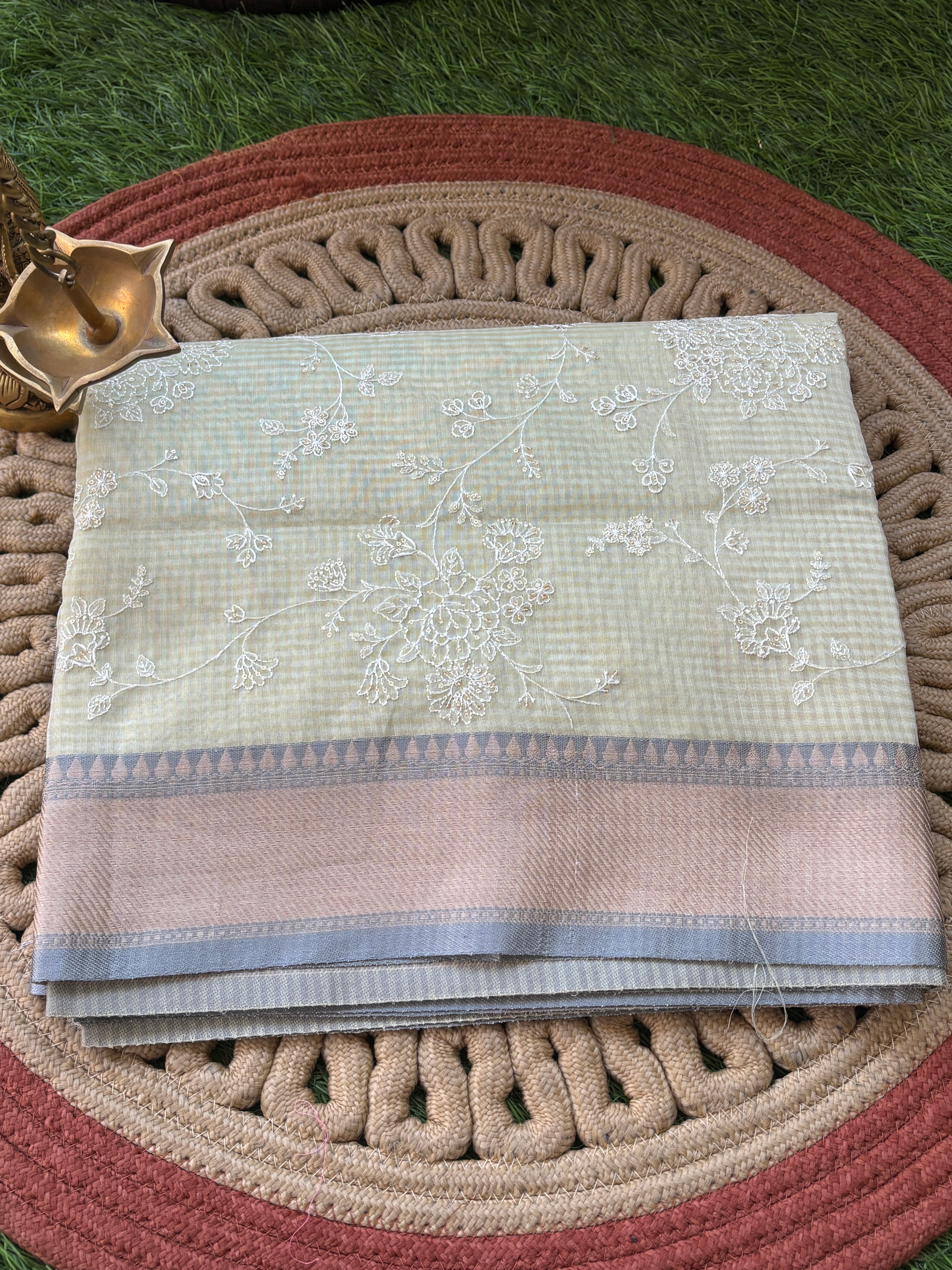 Pastel Pista Green Banarasi Mercerised Cotton Saree with Thread Embroidery & Resham Border