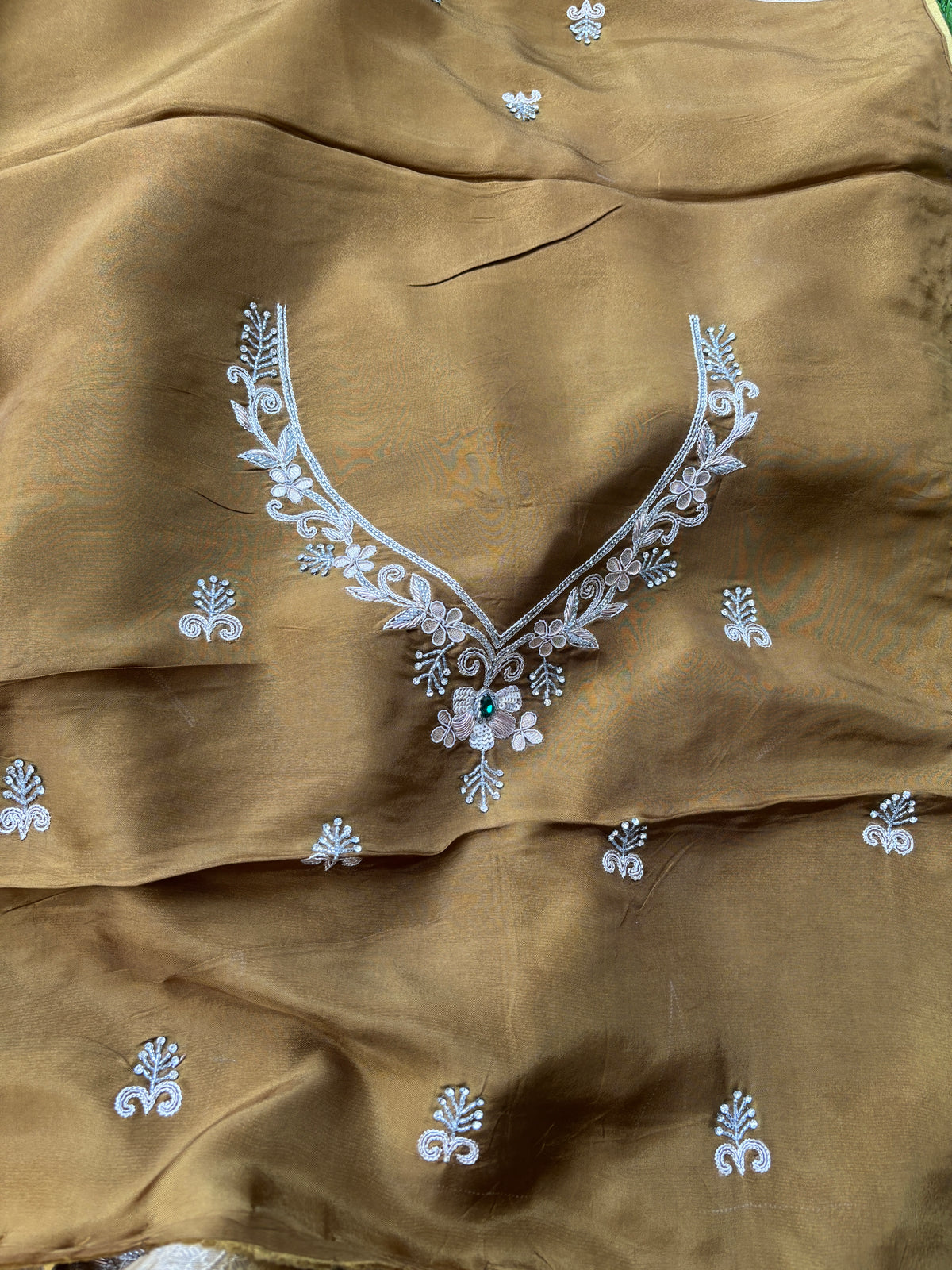 Royal Biscuit Beige Pure Tissue Silk Saree with Zigzag Weaving, Buta Work & Heavy Zardozi Border