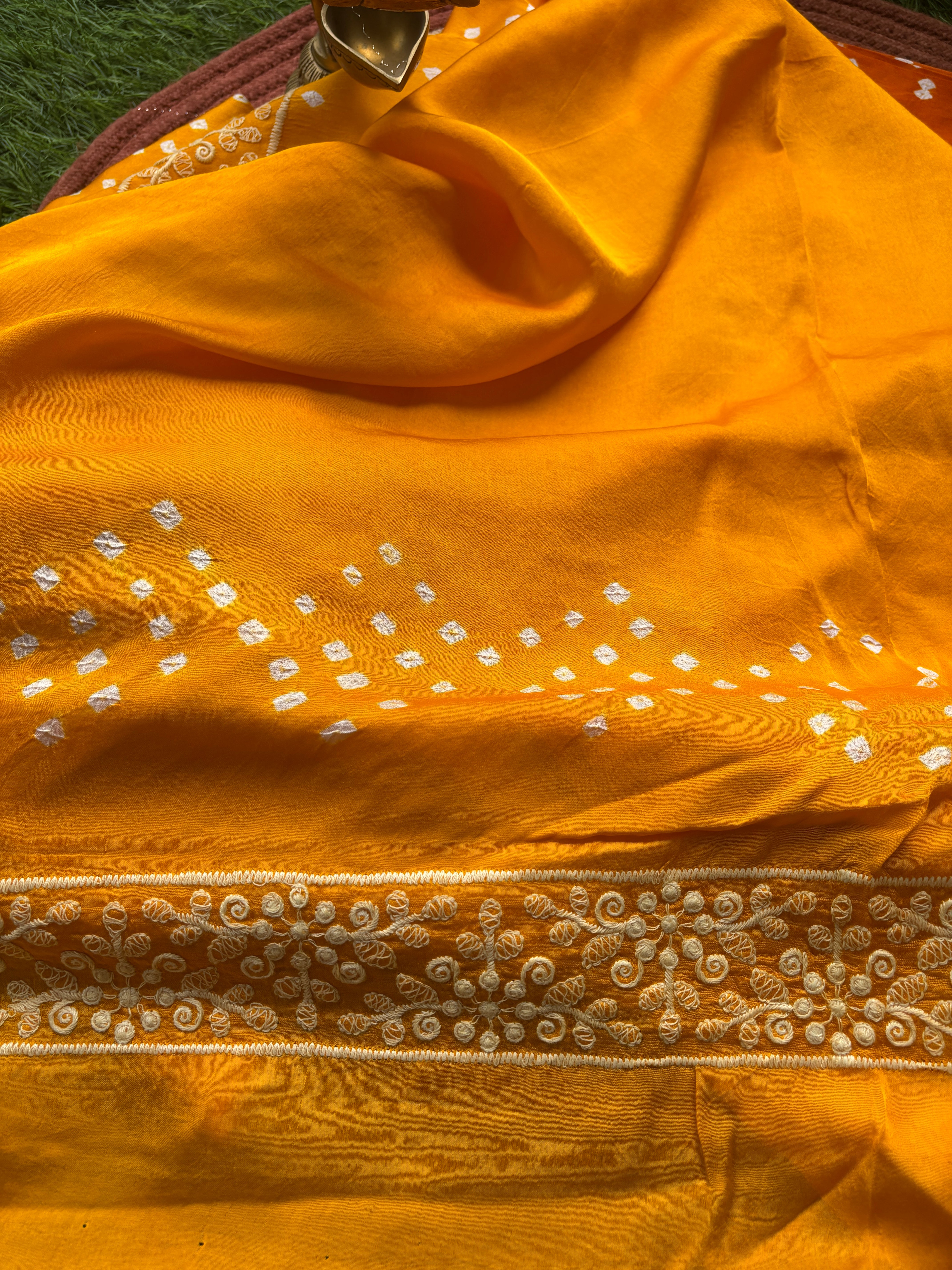 Mango Yellow Modal Silk Bandhej Saree | Chandrika Lifestyles