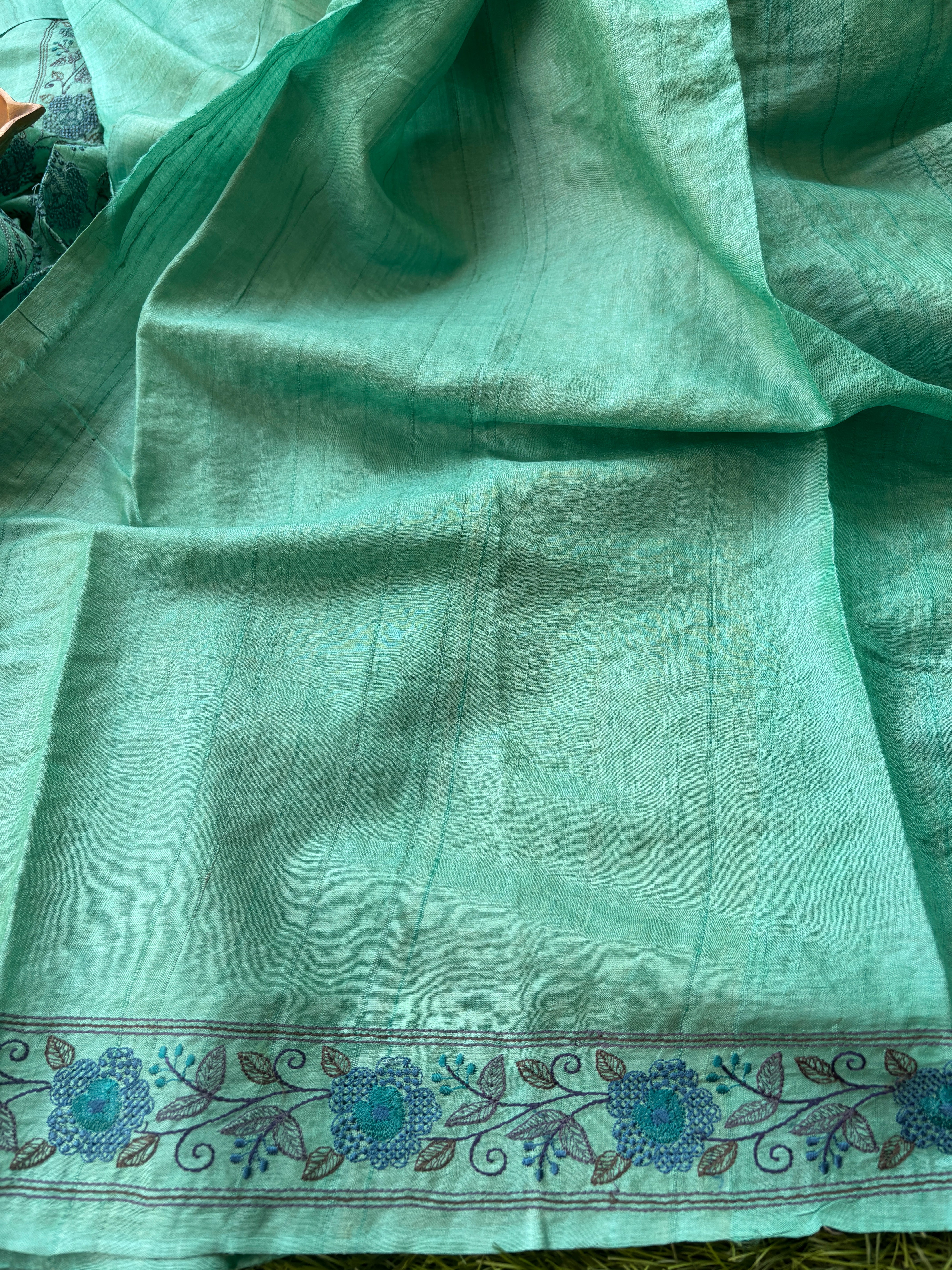 Pure Desi Tussar Silk Sea Blue Saree with All-Over Blue floral Thread Jaal Embroidery