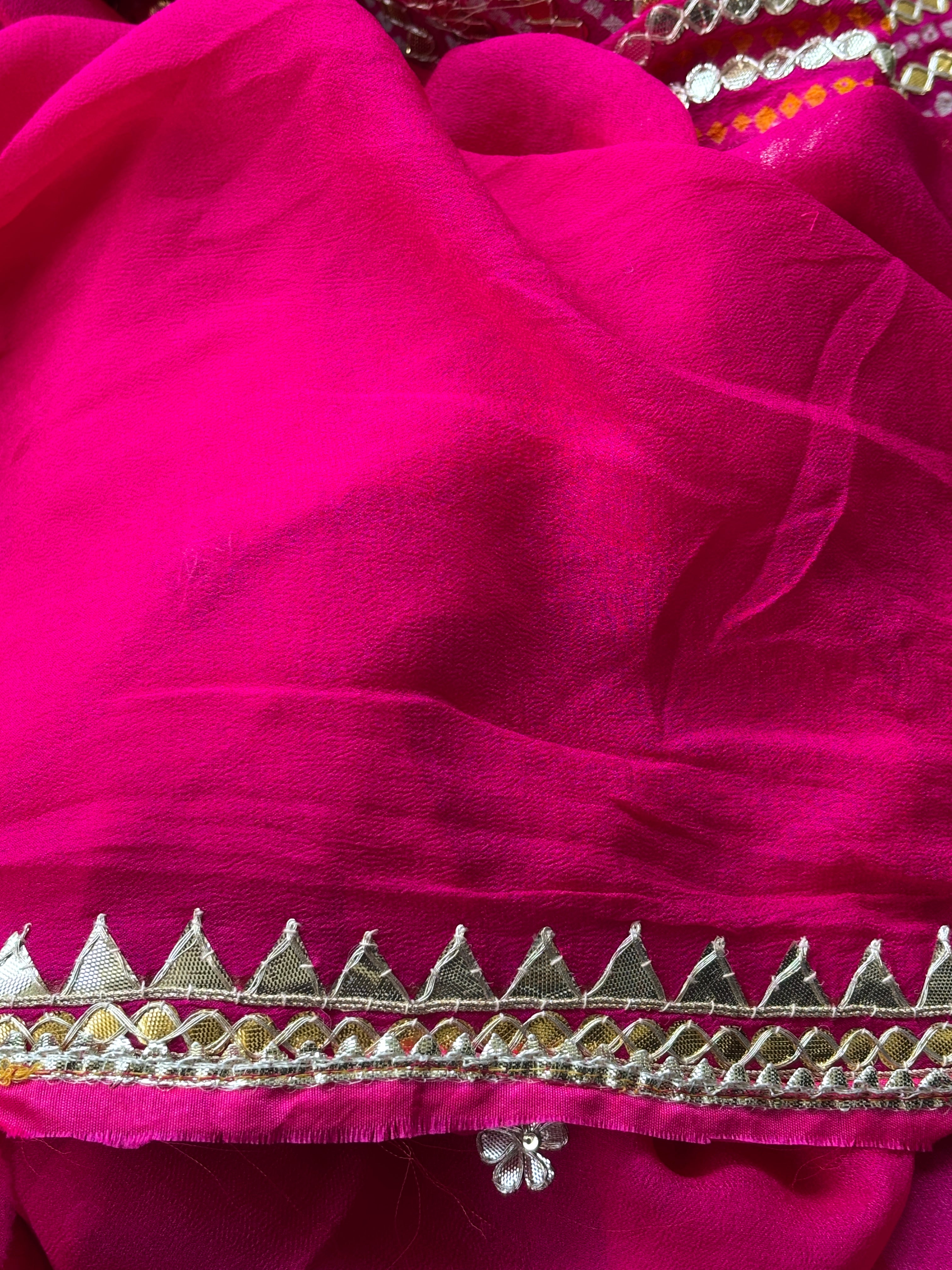 Red Pink Pure Chiffon Bandhej Saree with Boota Patti Border | Chandrika Lifestyles
