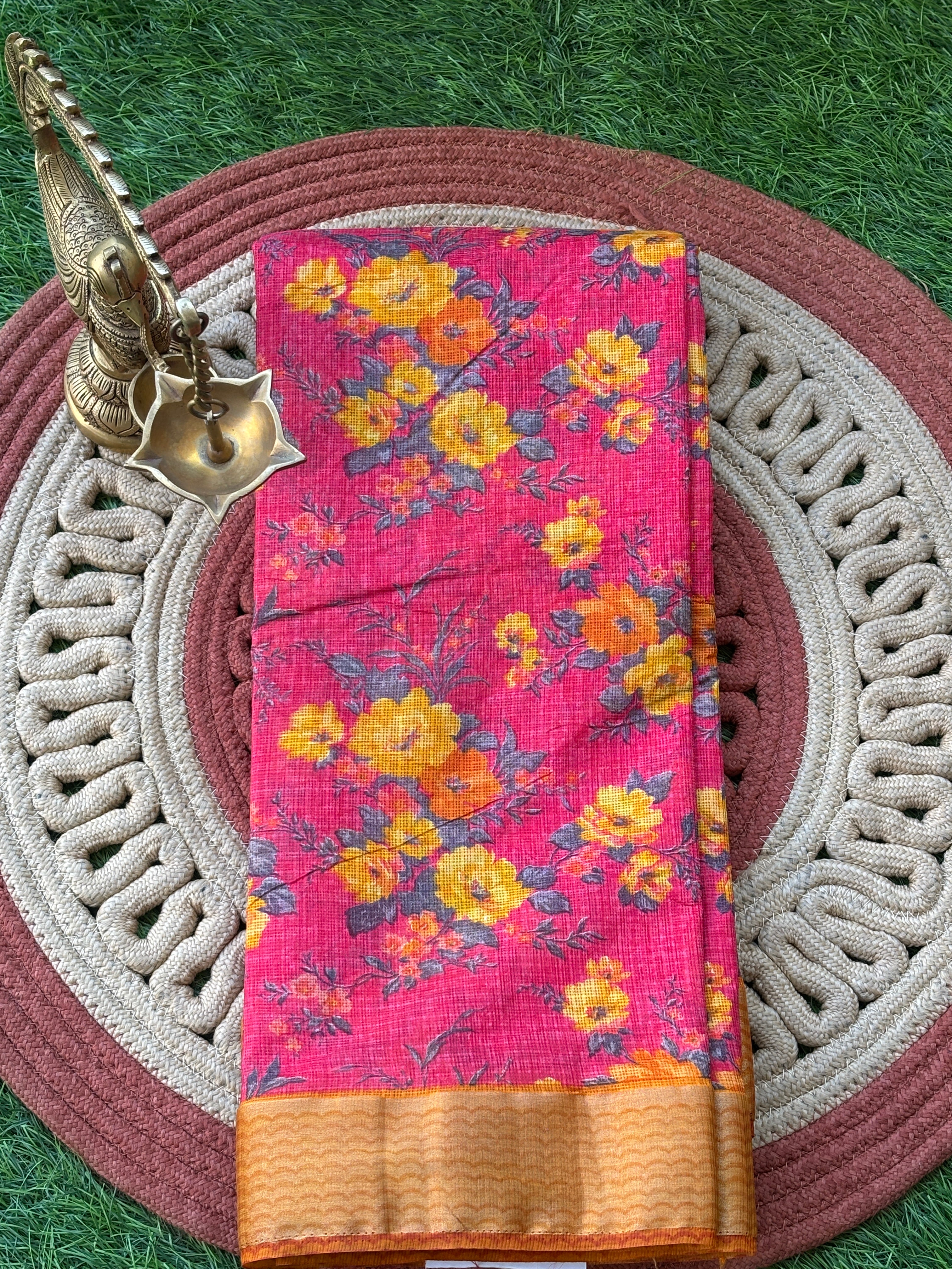 Red Floral Printed Kota Silk Saree with Yellow Border | Chandrika Lifestyles