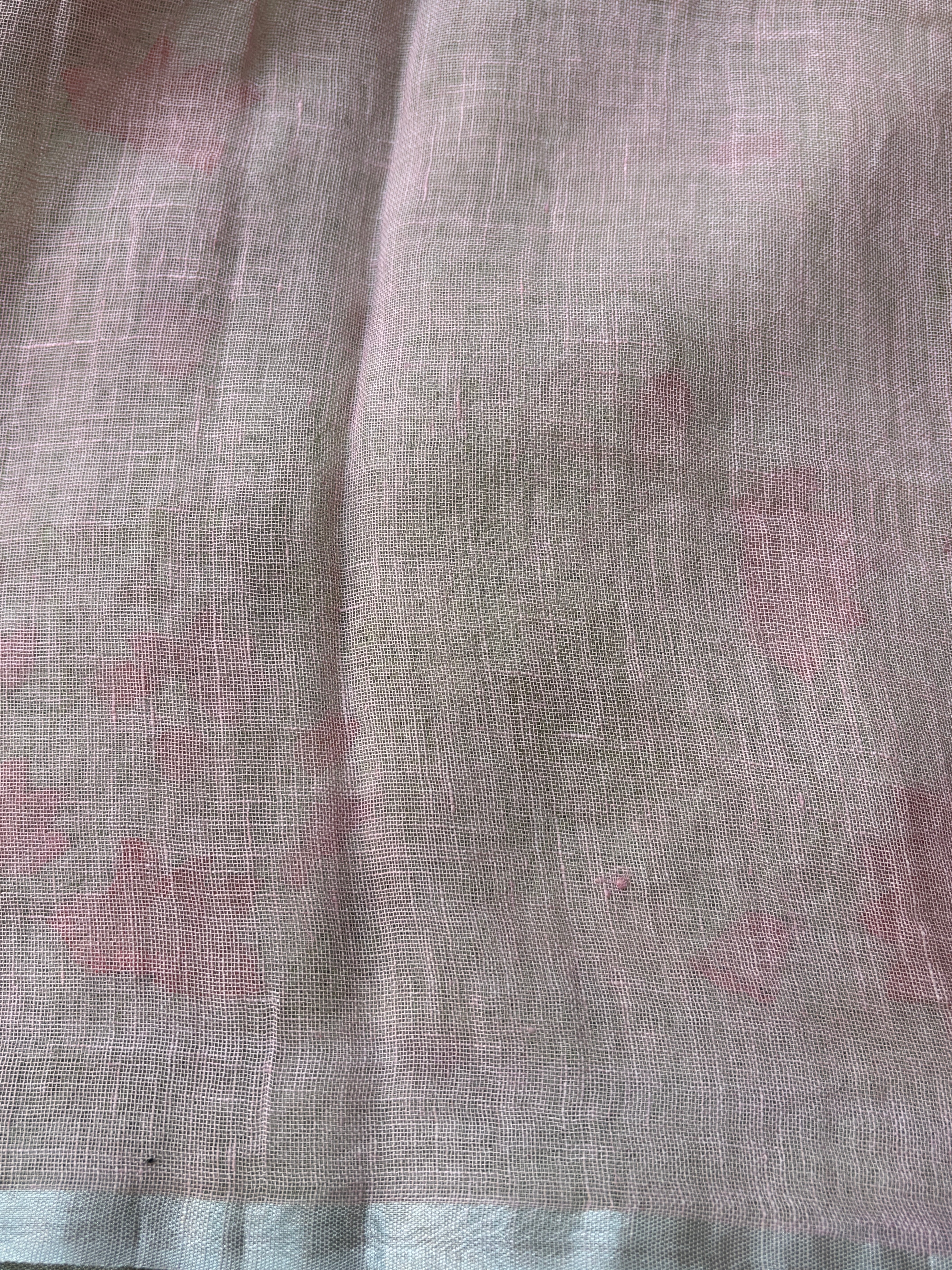 Pista Green Pure Linen Saree with Embroidery and Pink Contrast Blouse
