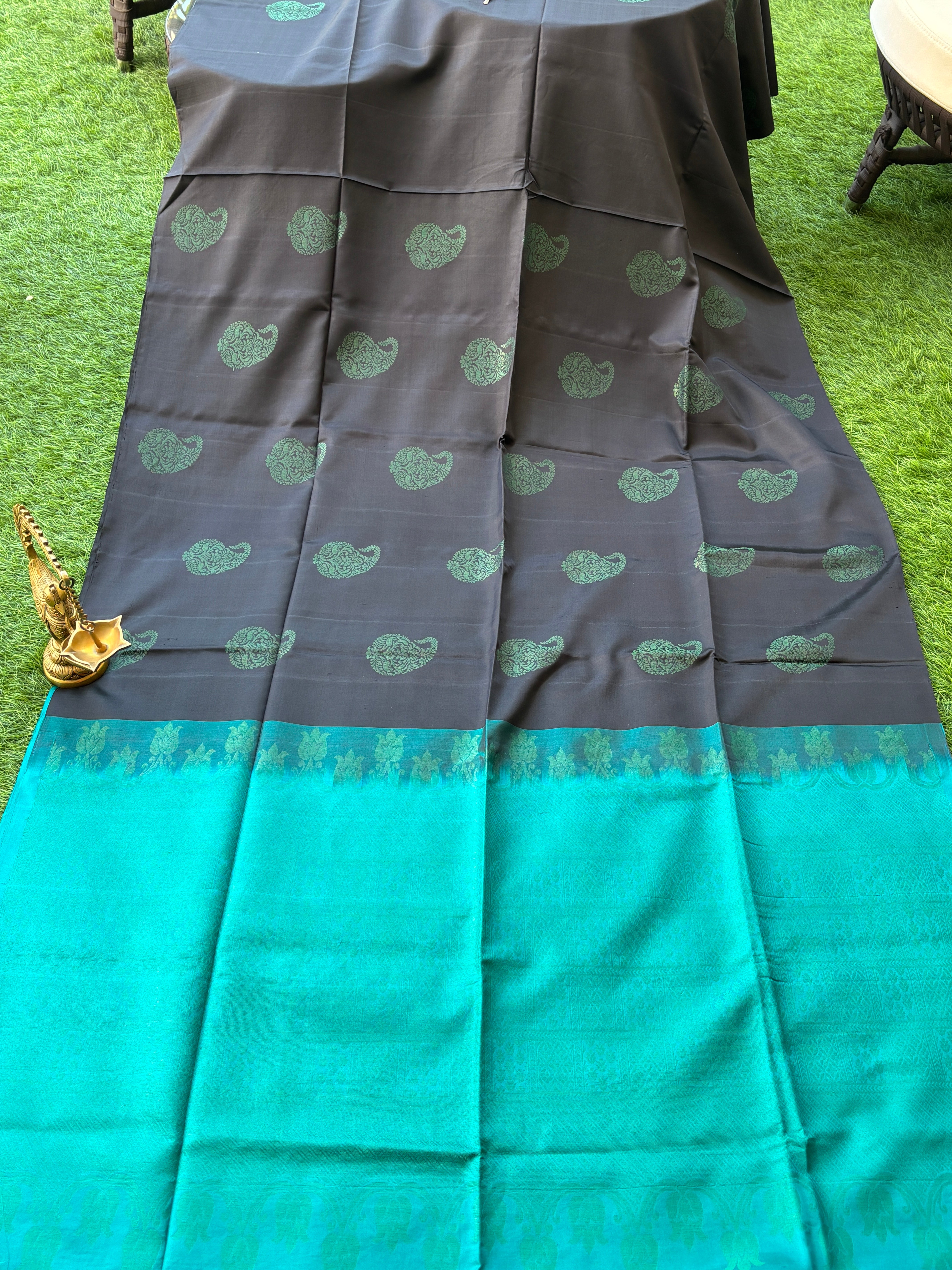 Golden Zari Butta Detail on Borderless Black Kanjeevaram Silk Saree