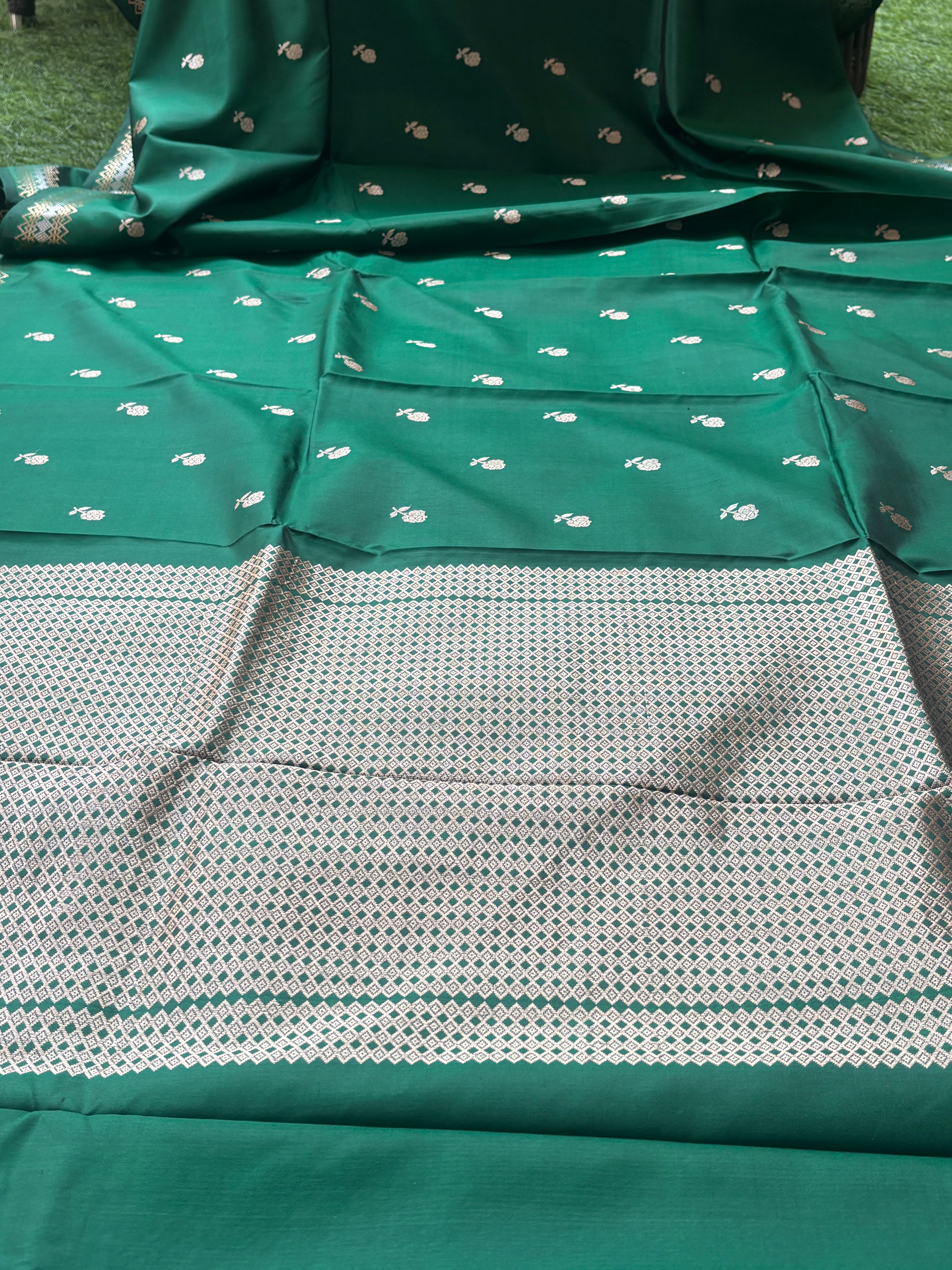Bottle Green Pure Banarasi Saree with Silver Zari Embroidery, Butta & Border | Chandrika Lifestyles