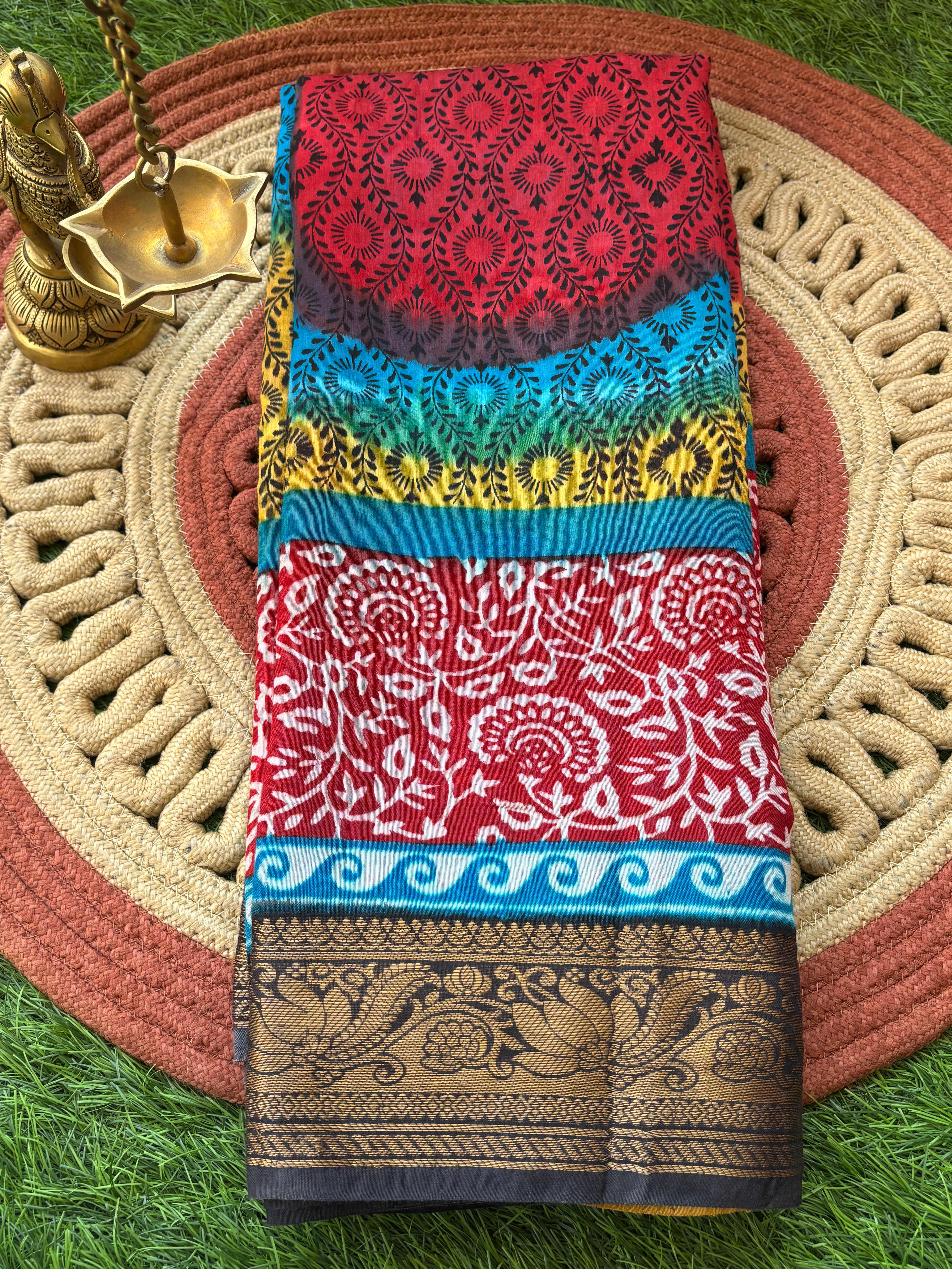 Multicolor Handwork Printed Cotton Saree