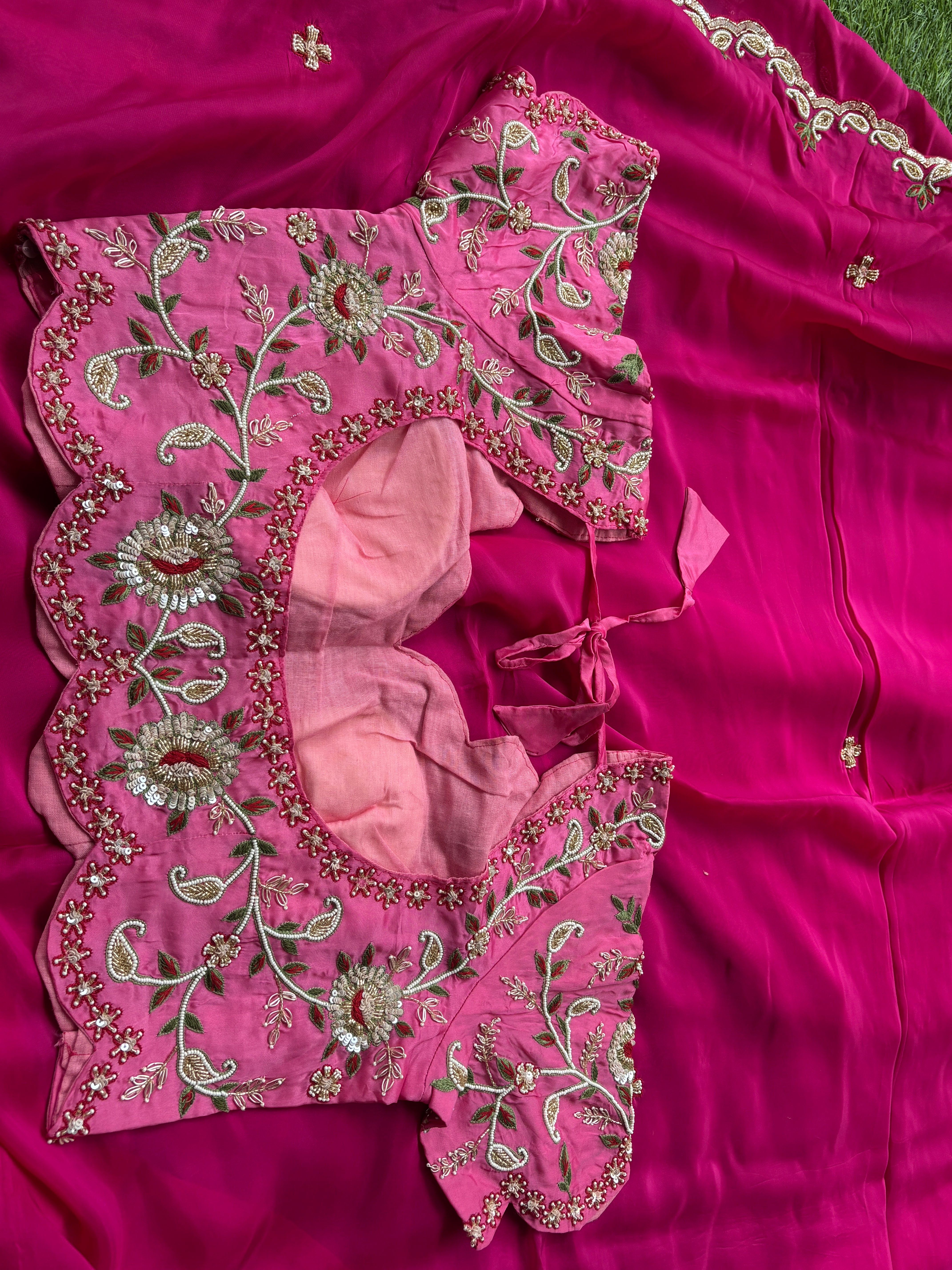 Luxury Rani Pink Pure Crepe Silk Saree with Scallop Chhida Work Border & Baby Pink Designer Blouse