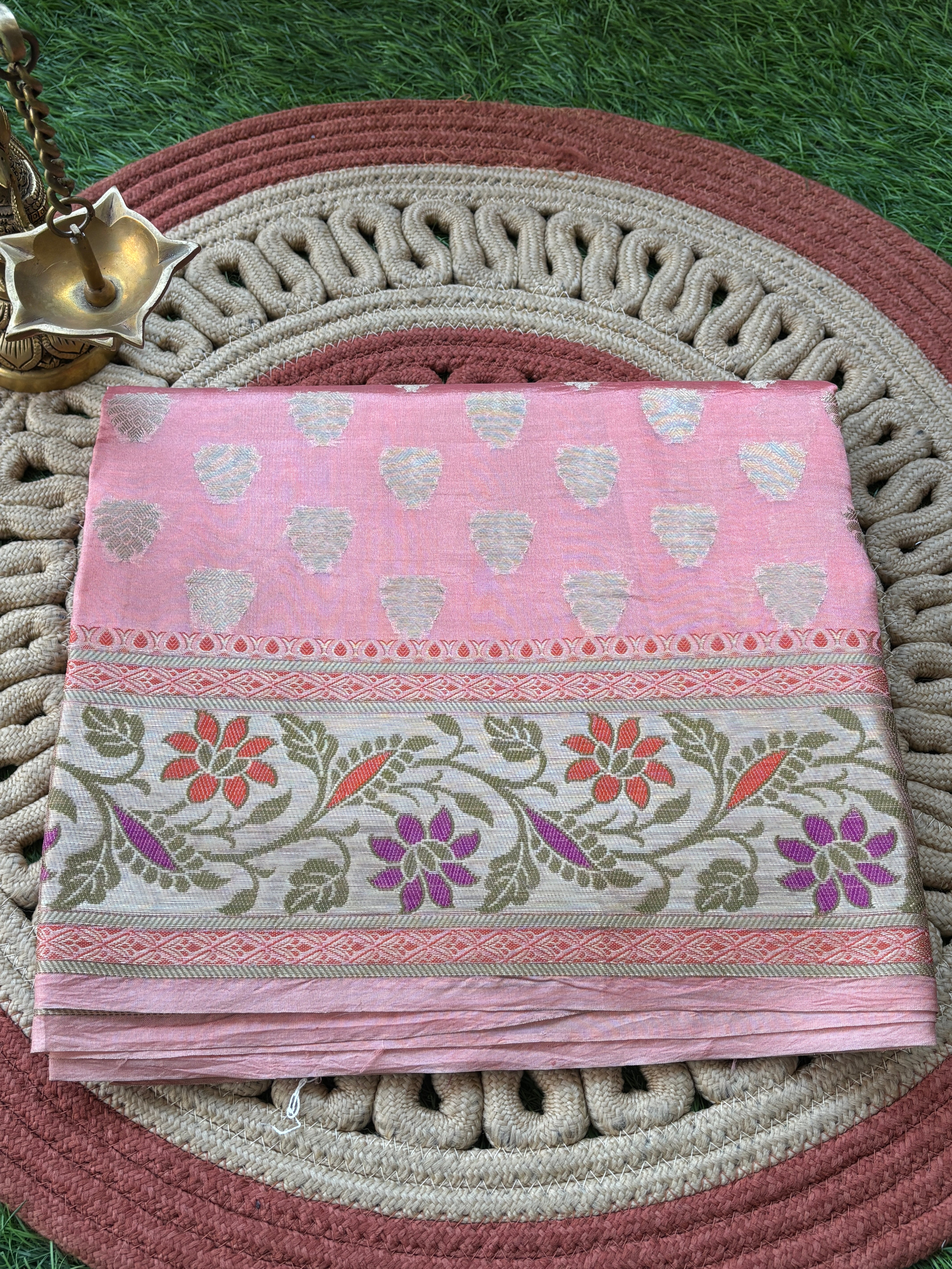 Peach Pink Banarasi Cotton Saree with Floral Meenakari Work & Border | Chandrika Lifestyles
