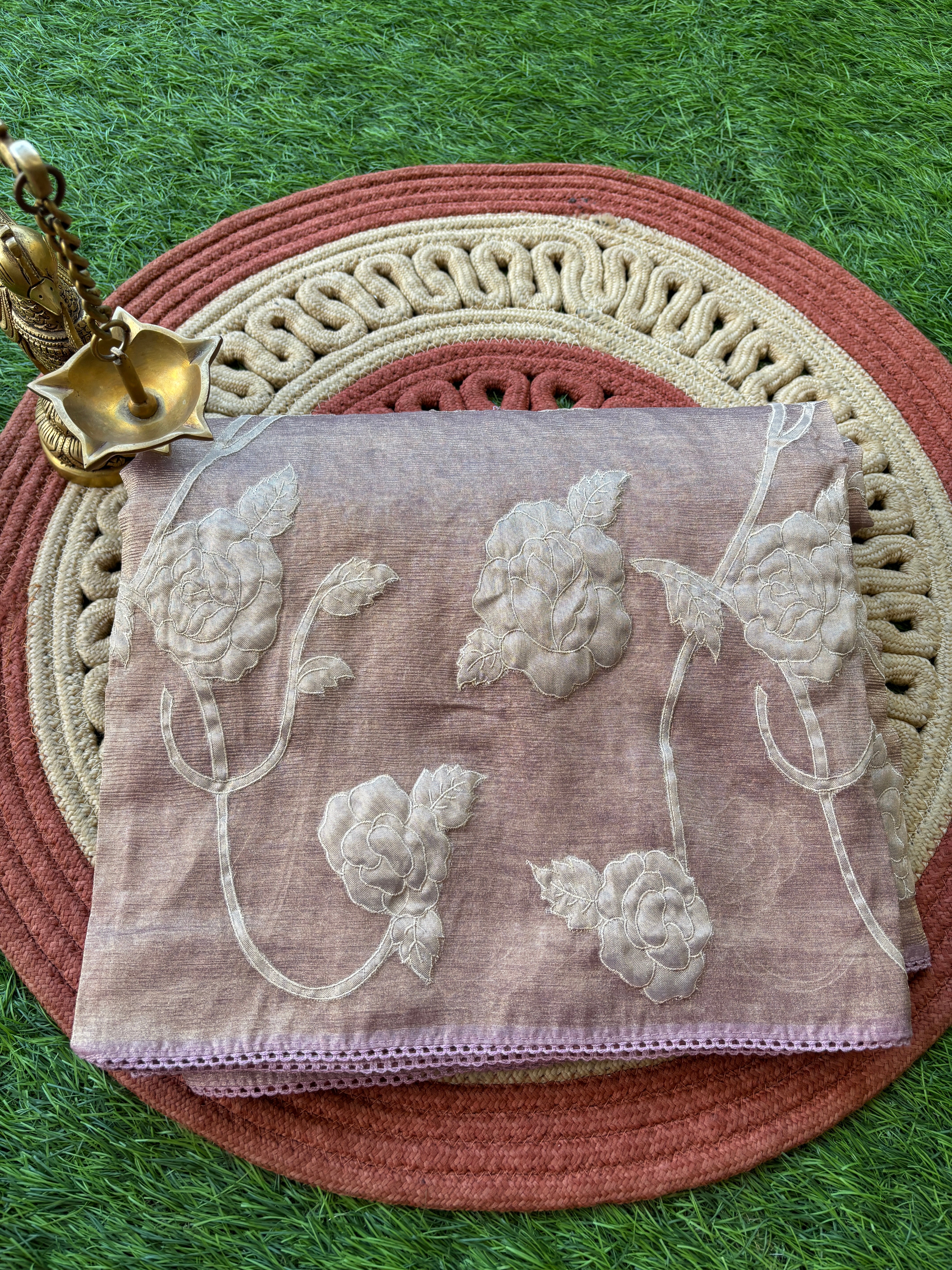 Metallic Onion Pink Tissue Saree with Allover Applique Work | Chandrika Lifestyles