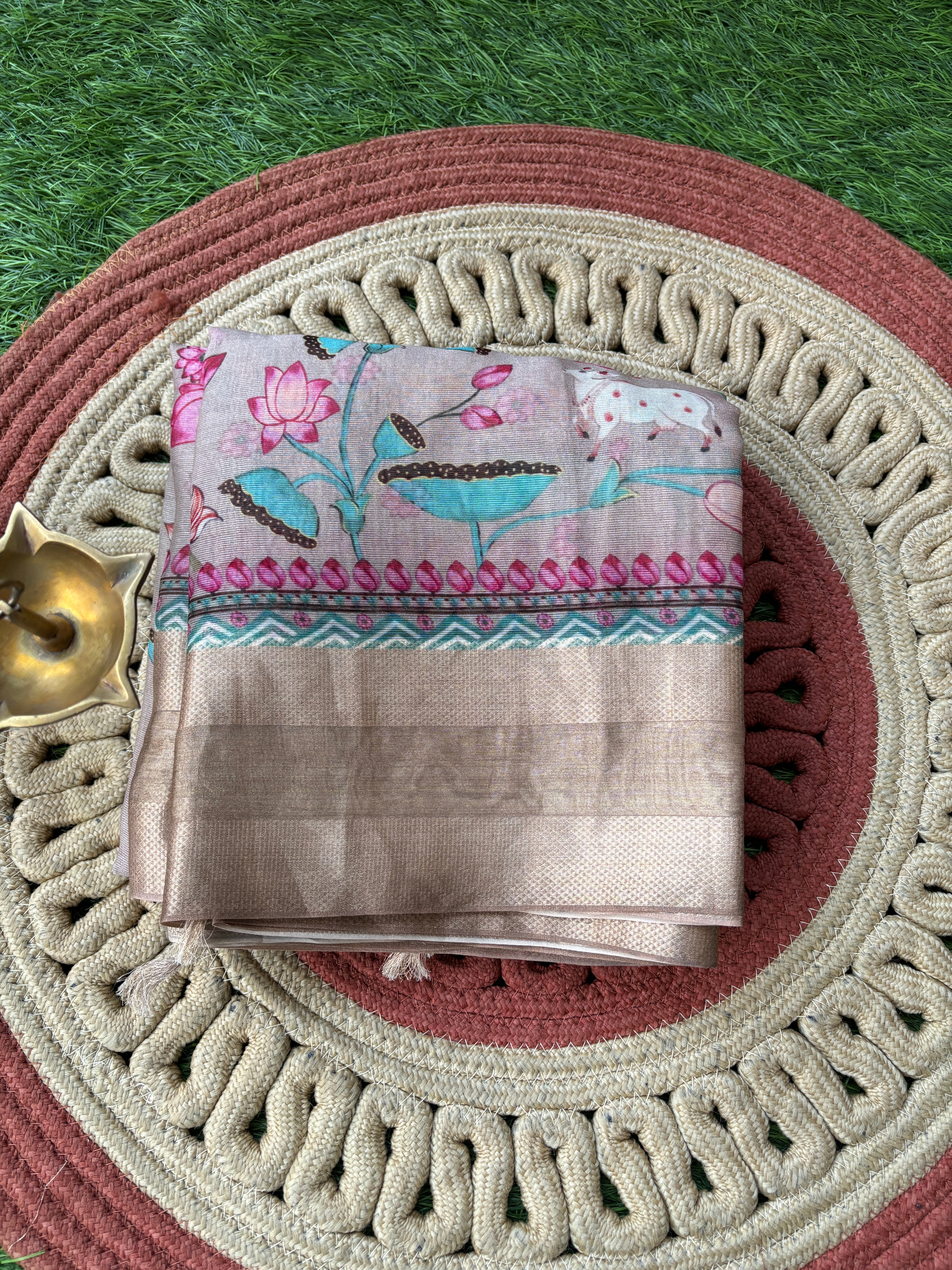 Beige Maheshwari Saree with All-Over Pichwai Painting