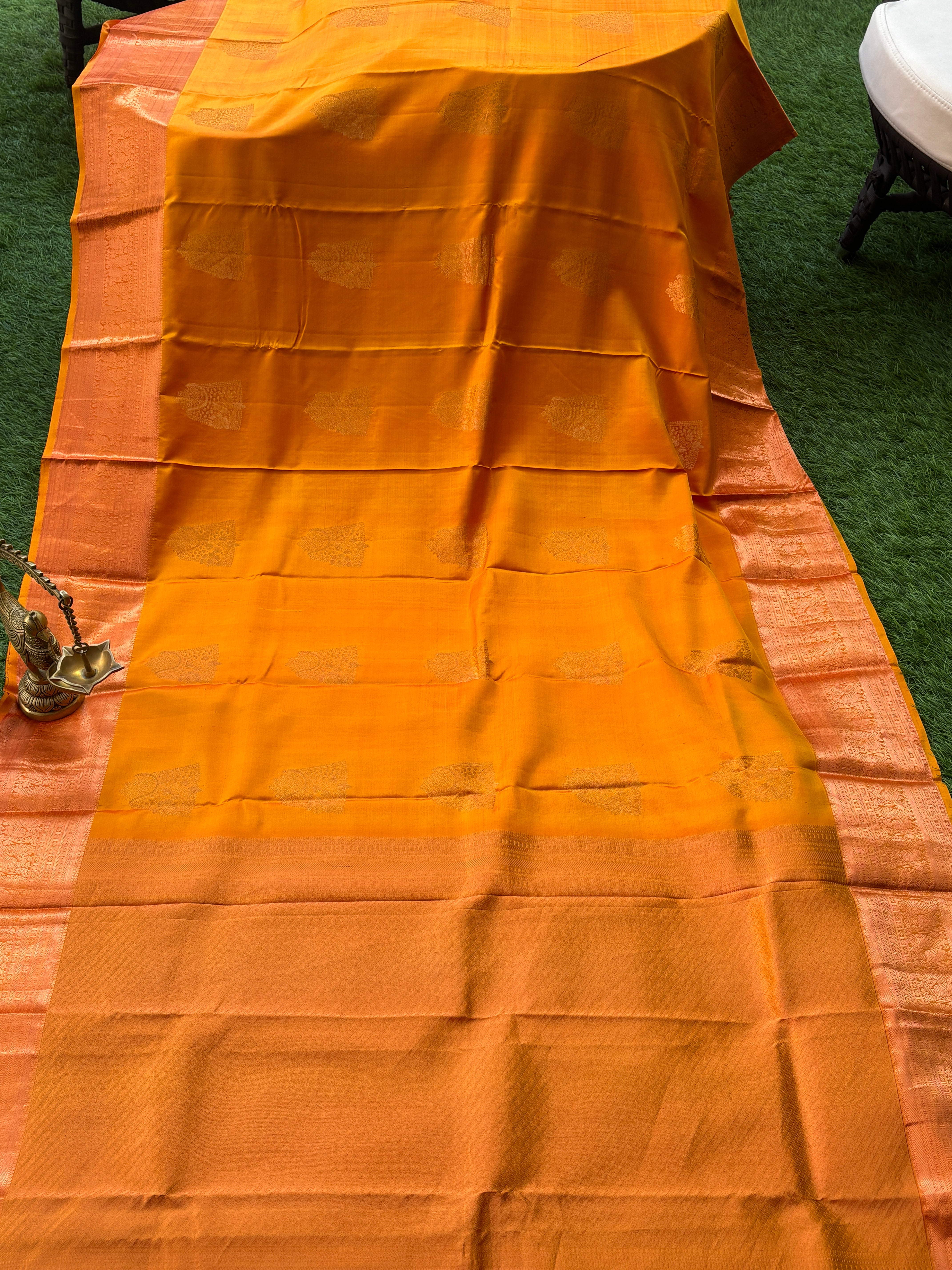 Mango & Orange Dual-Tone Kanjeevaram Pure Silk Saree with Broad Zari Woven Border