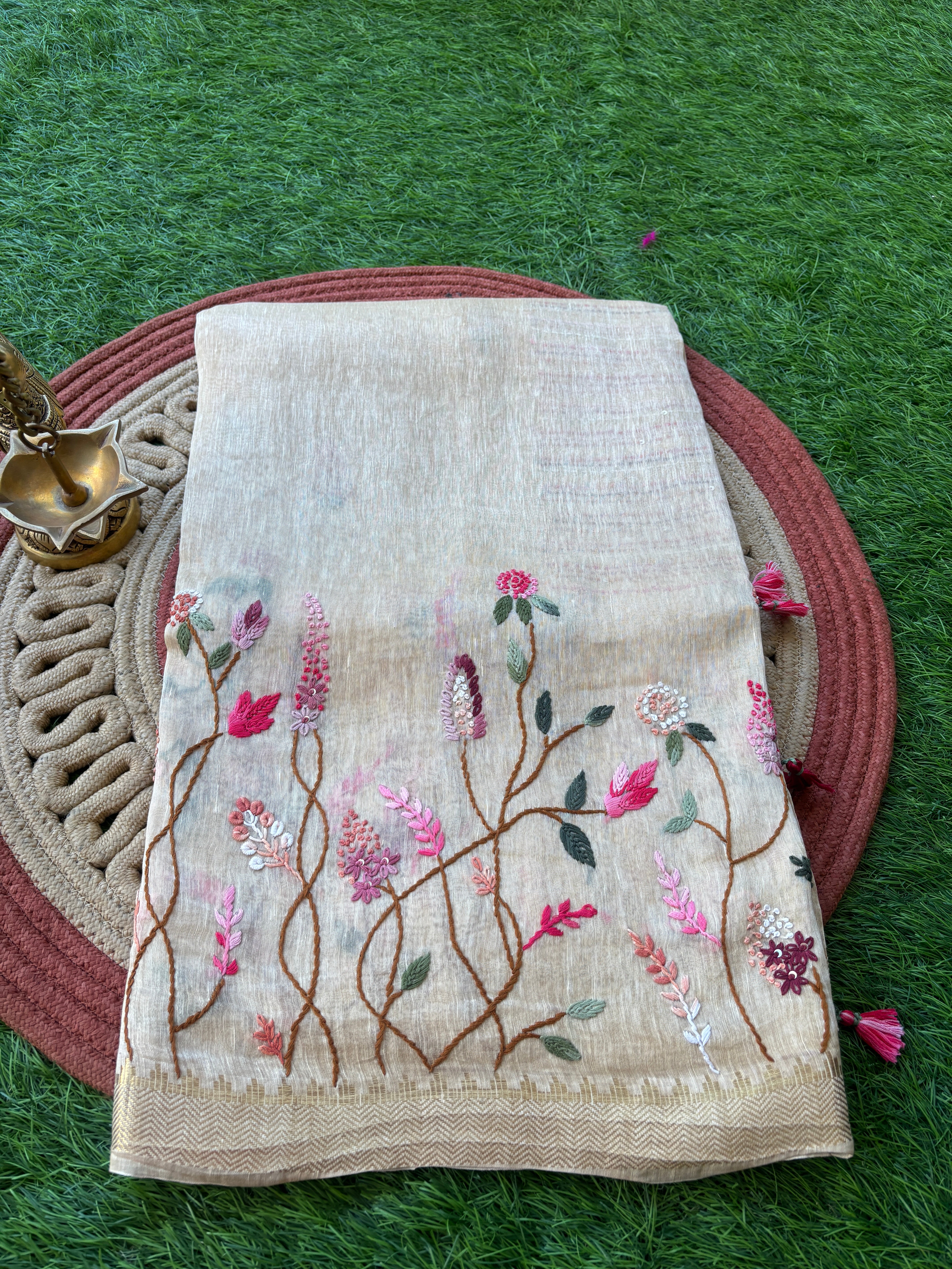 Off-White Pure Linen Saree with Allover Floral Embroidery | Chandrika Lifestyles