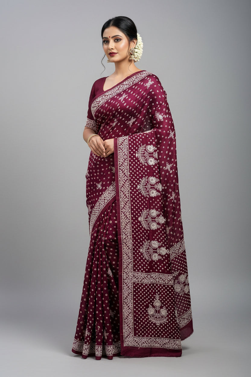 Purple Modal Silk Bandhej Saree | Festive Wear Saree | Chandrika Lifestyles