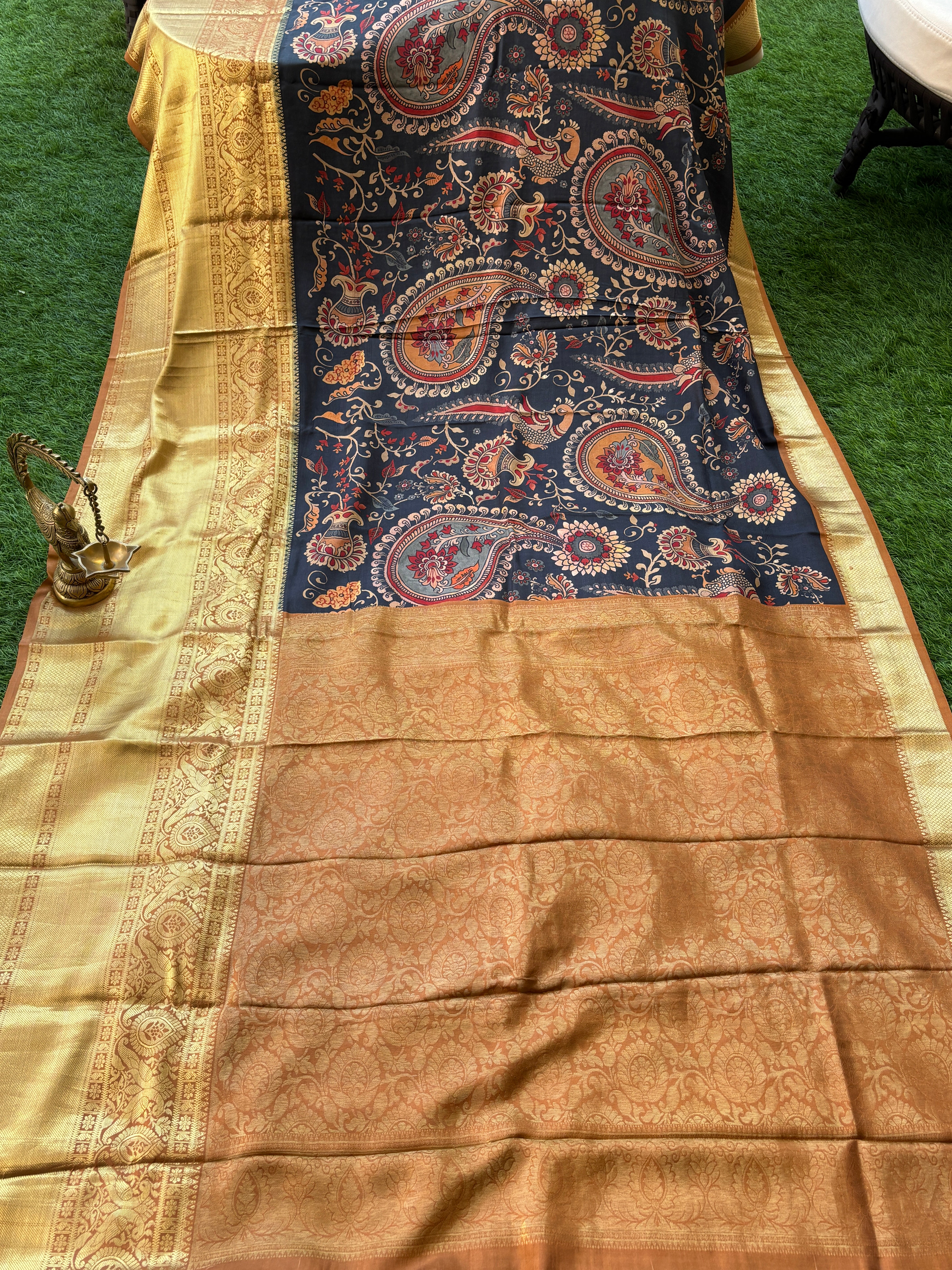 Dark Navy Blue Pure Silk Digital Floral Saree with Broad Dharmavaram Zari Border