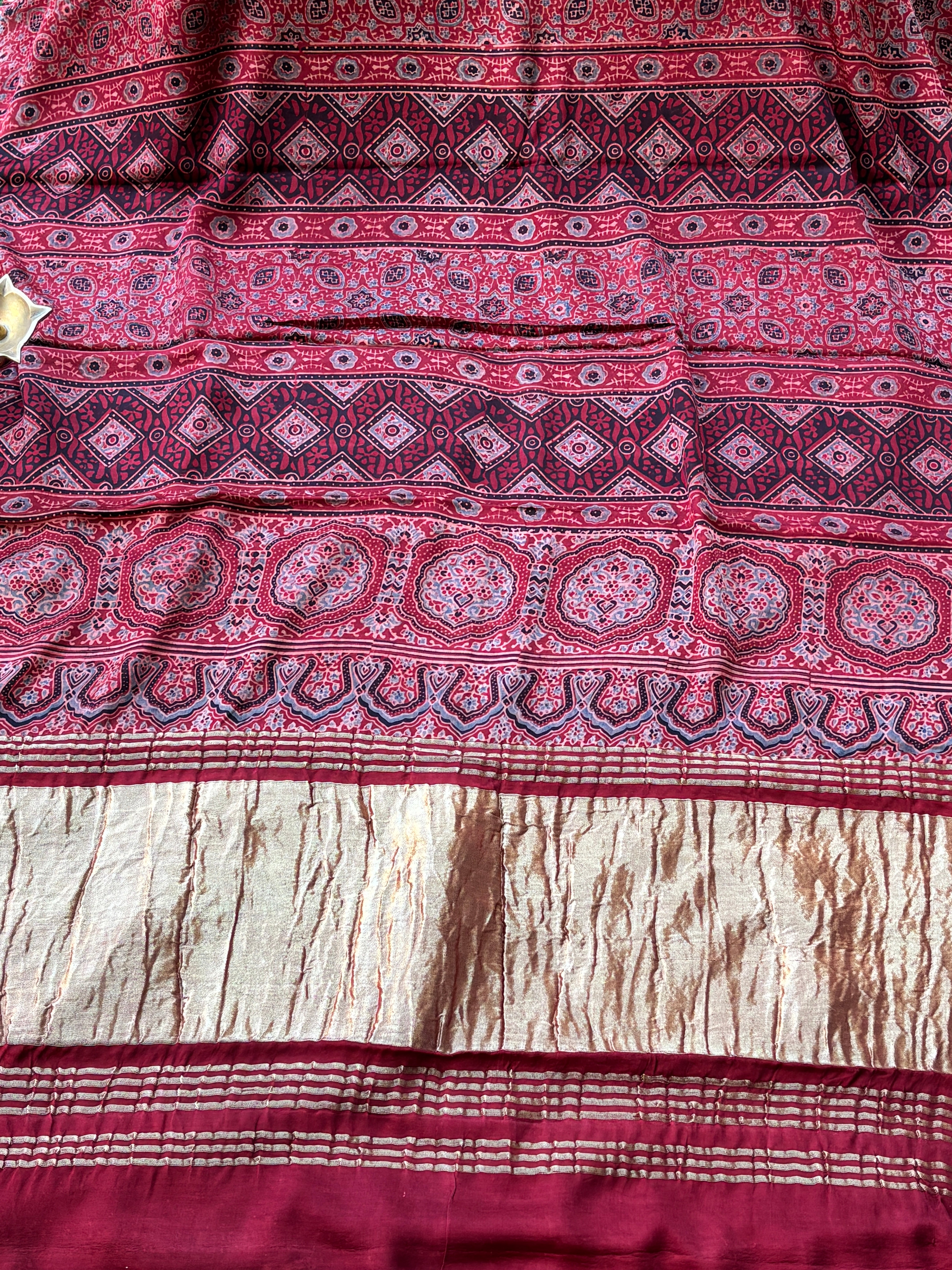 Red Pure Modal Silk Ajrak Digital Printed Saree with Zari Lugdi Patta Pallu