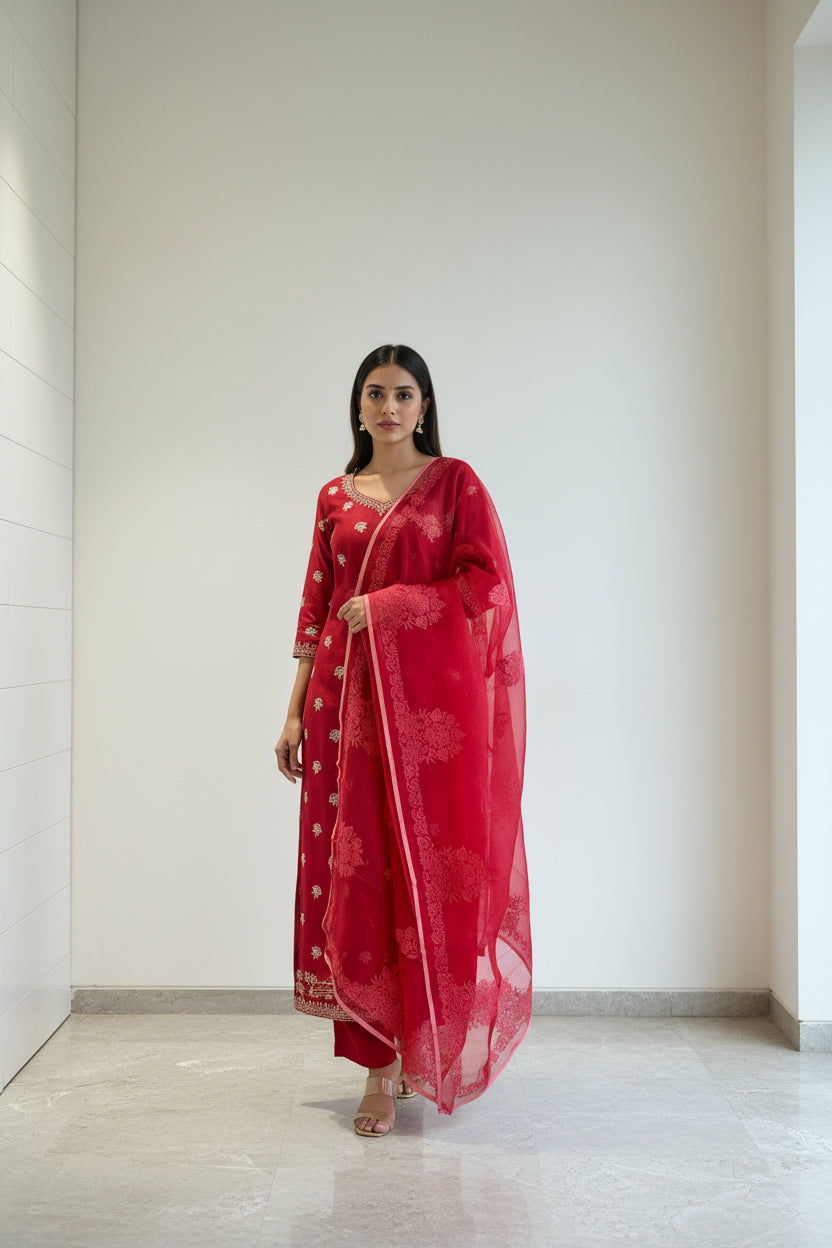Chandrika Red Pure Organza Silk Suit Material with Embroidery Butti and Organza Dupatta – Festive Wear