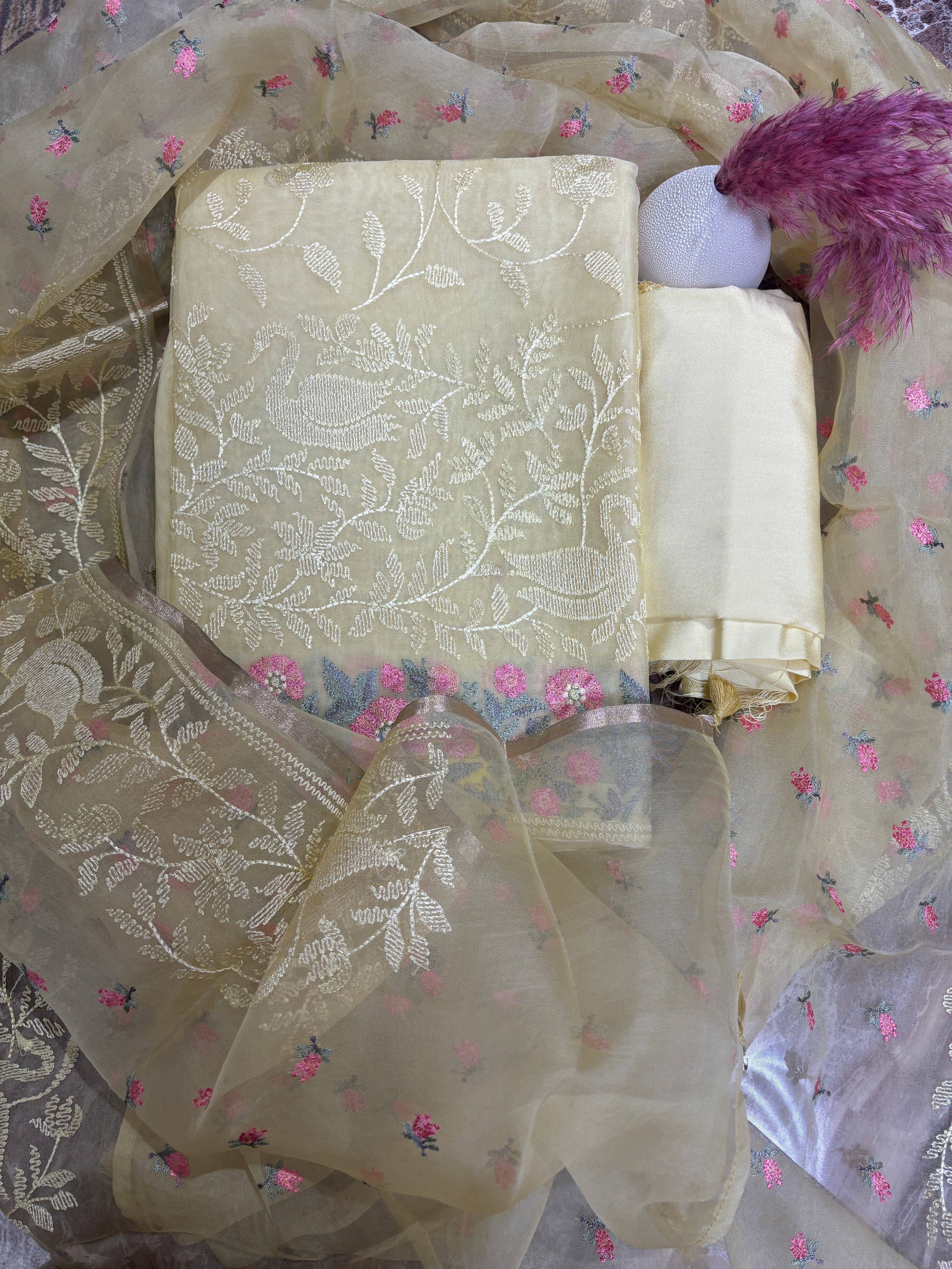 Pure Organza Lemon Yellow Suit Material with All-Over Thread Embroidery & Pink Embroidered Organza Dupatta