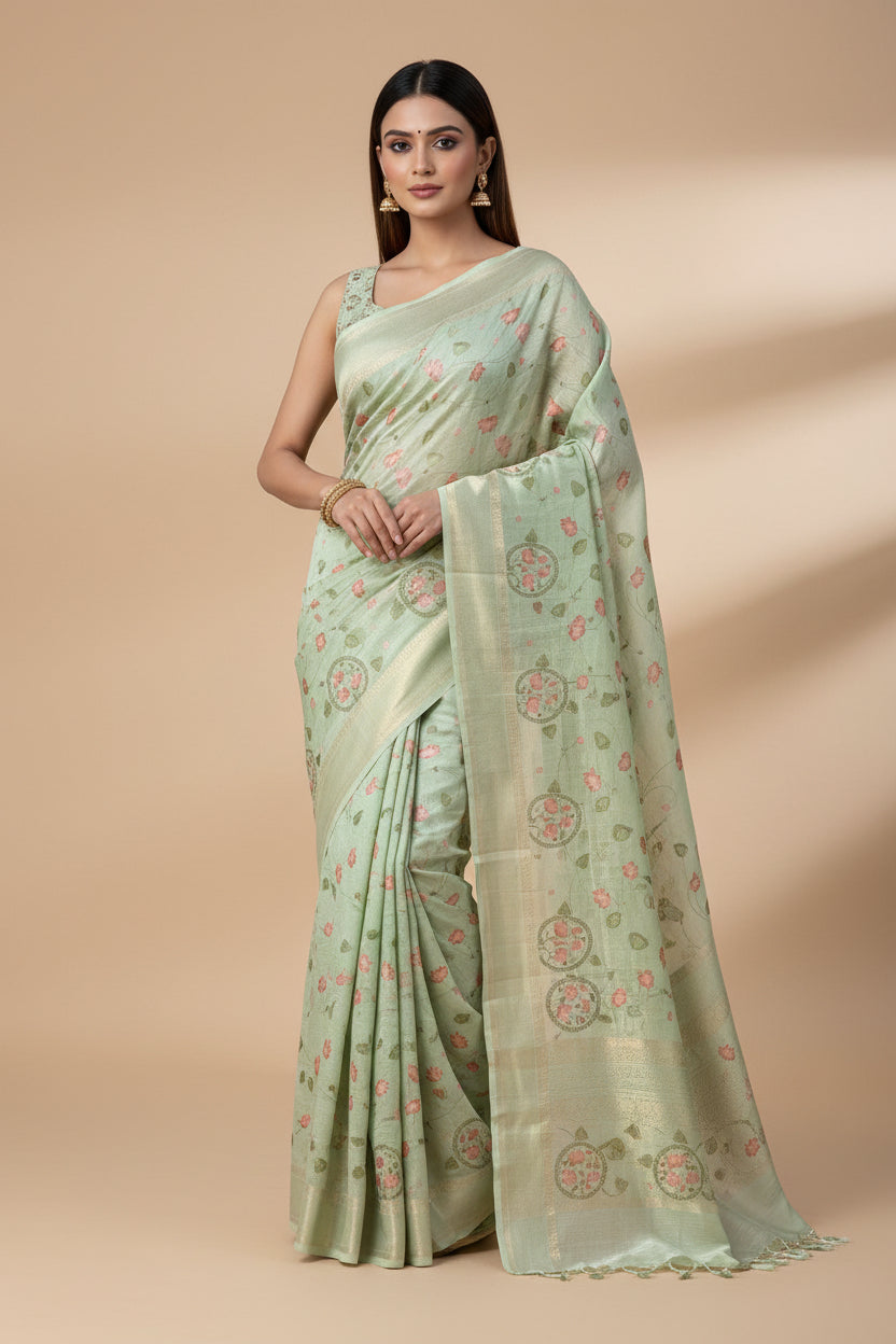 Pista Green Pure Linen Saree with Embroidery and Pink Contrast Blouse