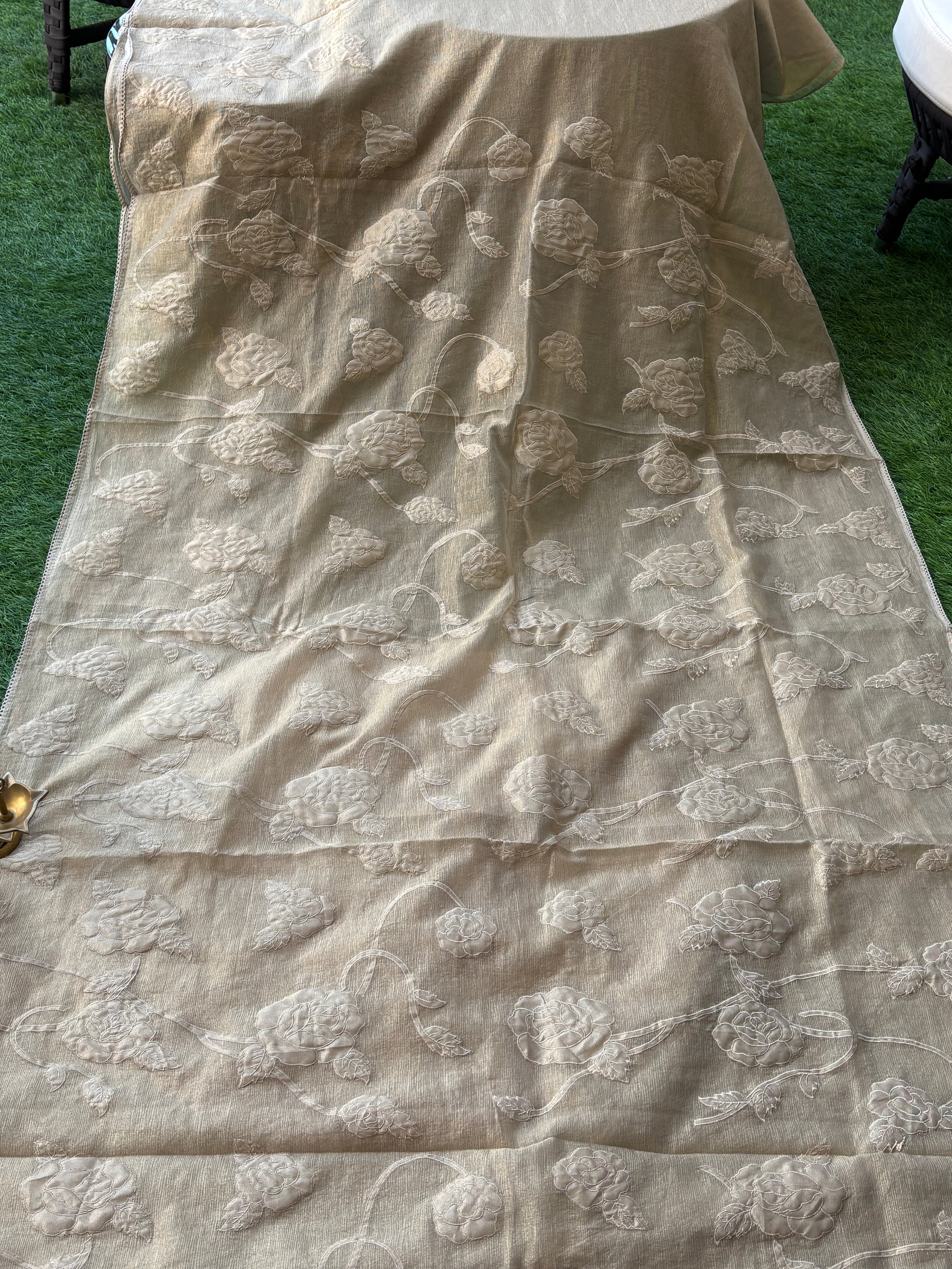 Beige Tissue Saree with Allover Applique Work | Chandrika Lifestyles