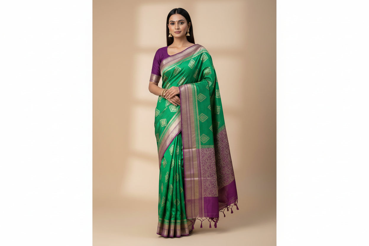 Green Pure Dupion Silk Banarasi Saree with Purple Border | Chandrika Lifestyles