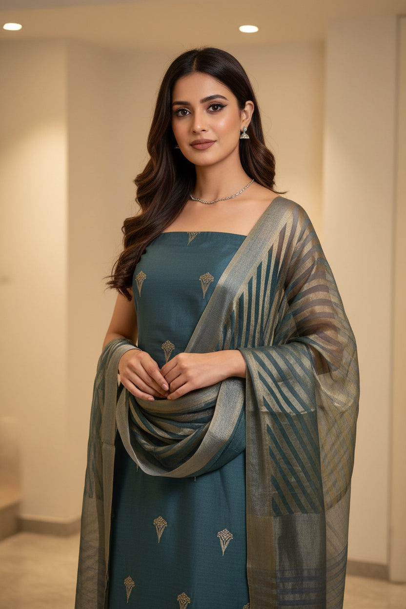 Grey pure tusser banarasi silk suit material with pure tusser banarasi laheria weaved dupatta
