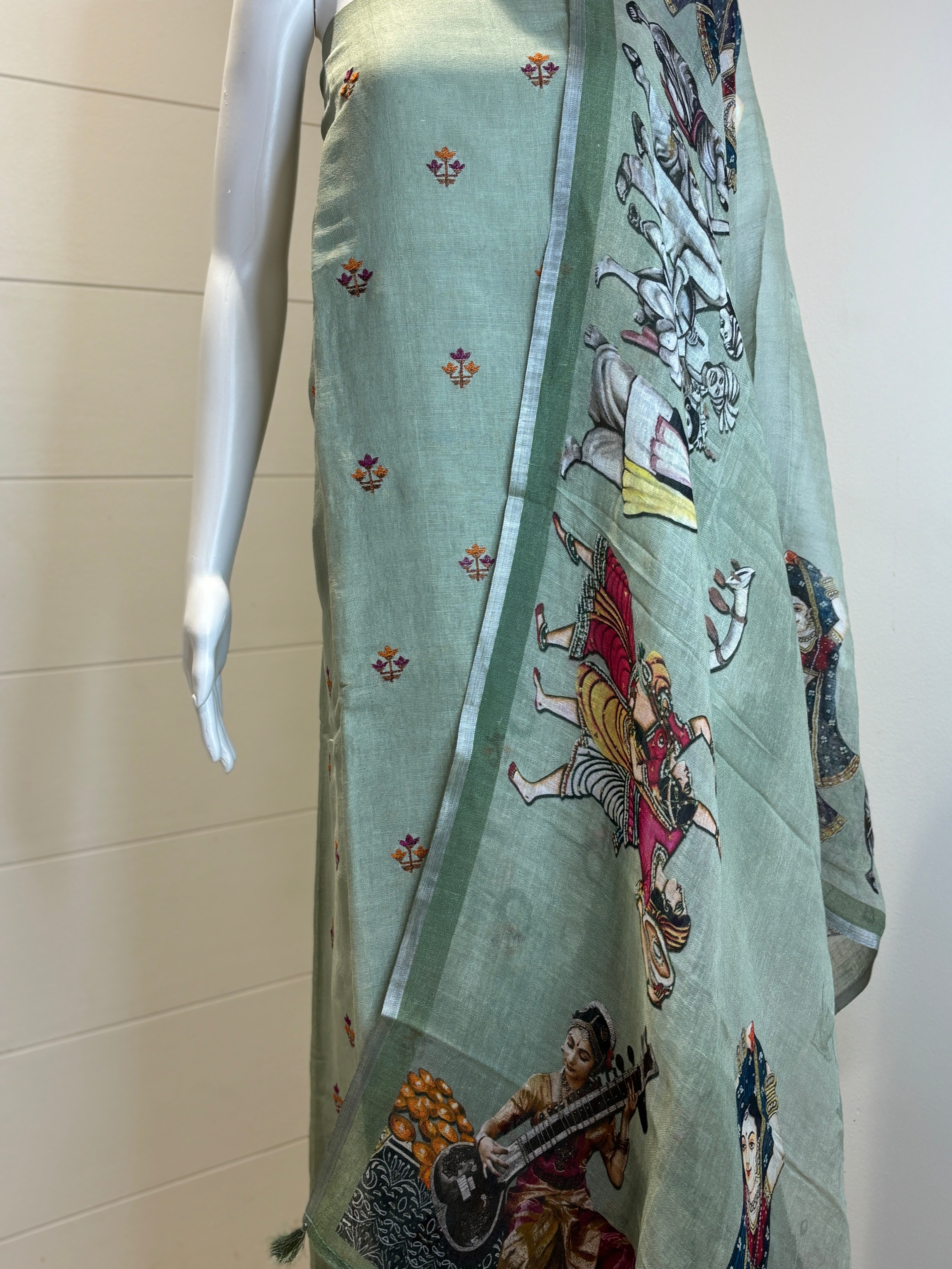 Pure Linen Thread Embroidered Suit Material with Figure Digital Printed Dupatta – Mehendi Green / Pista Green
