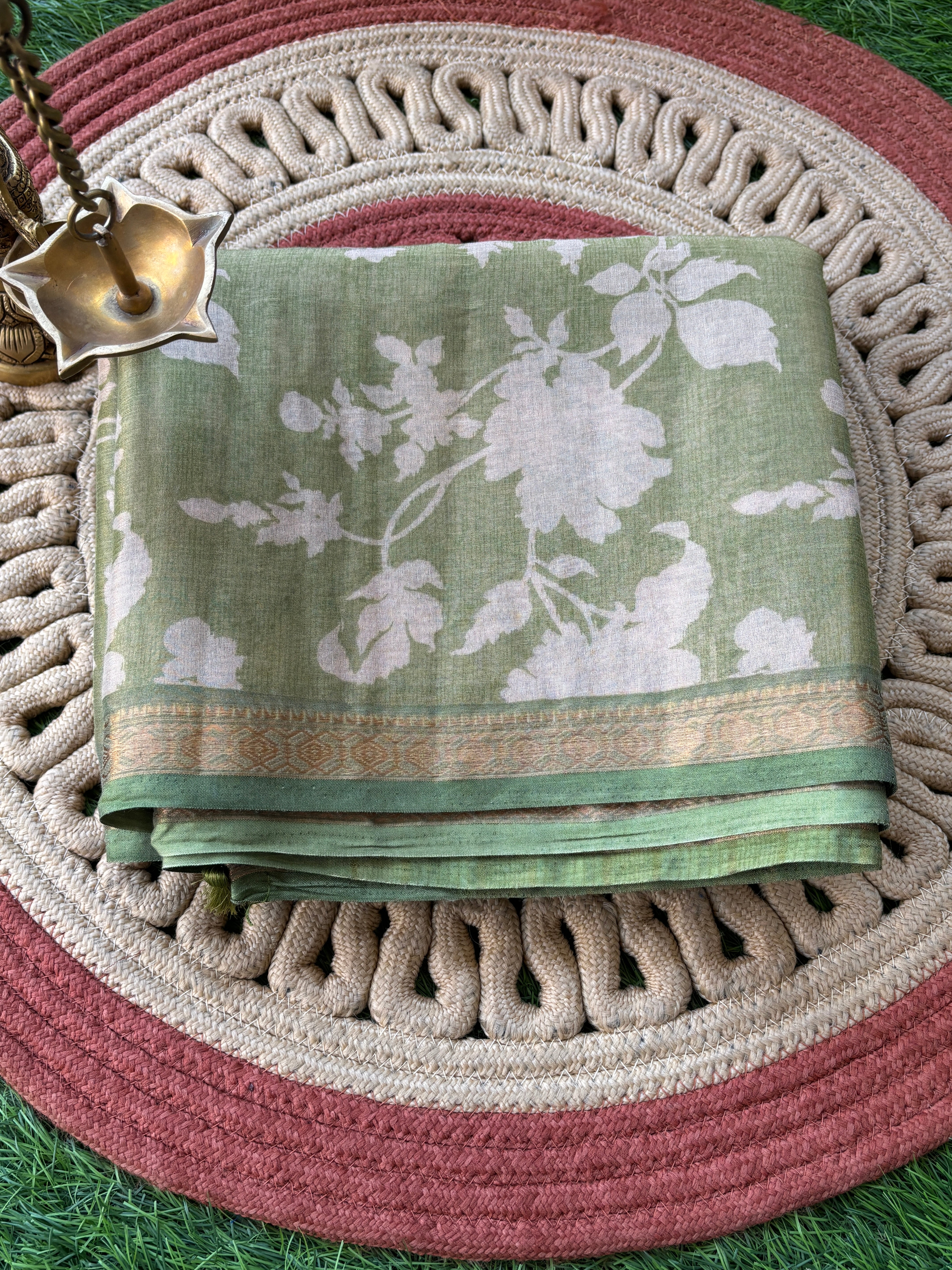 Olive Green Art Silk Saree with Allover Digital Print | Chandrika Lifestyles