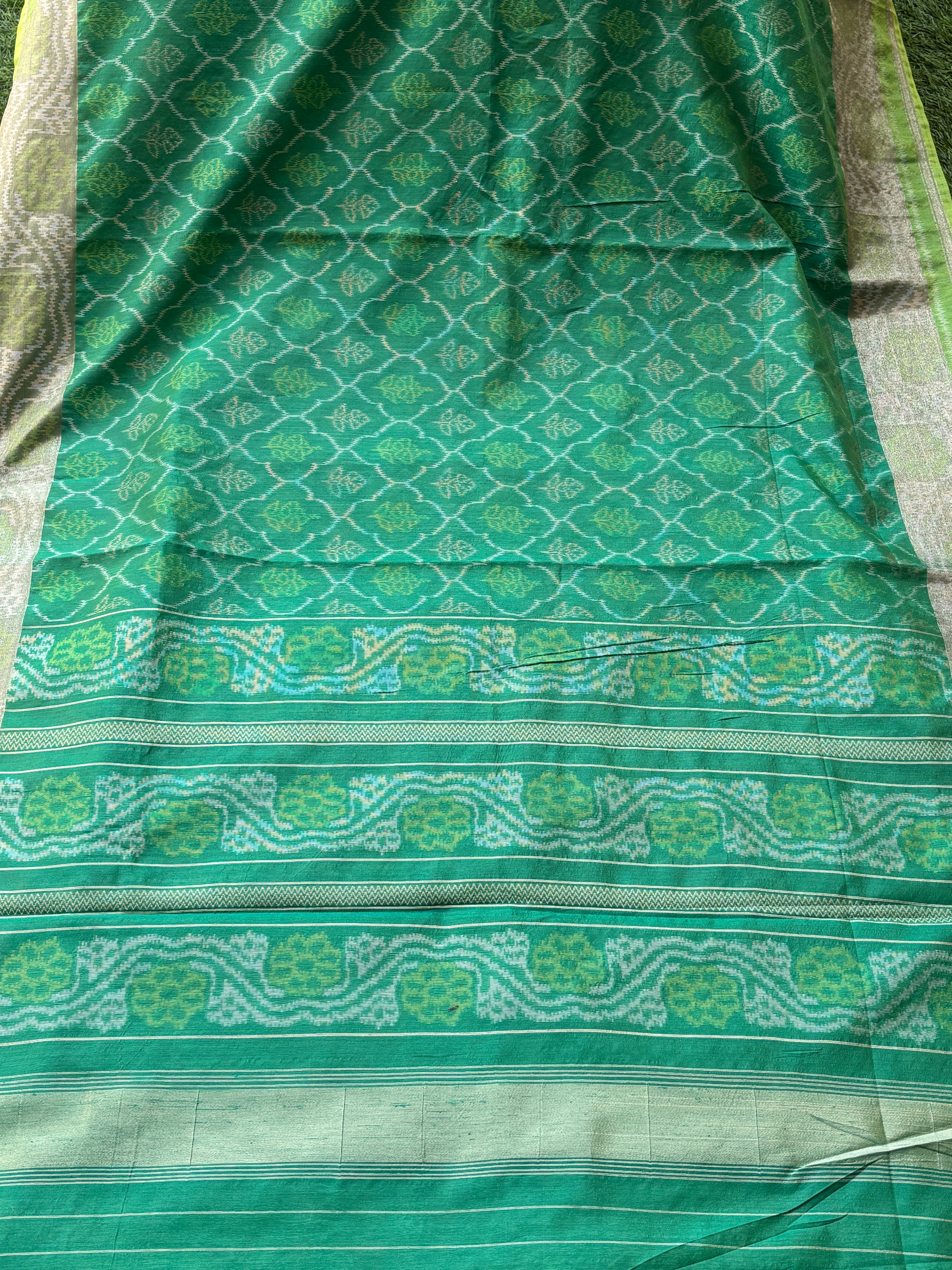 Green Art Tussar Silk Saree with Allover Ikat Print | Chandrika Lifestyles