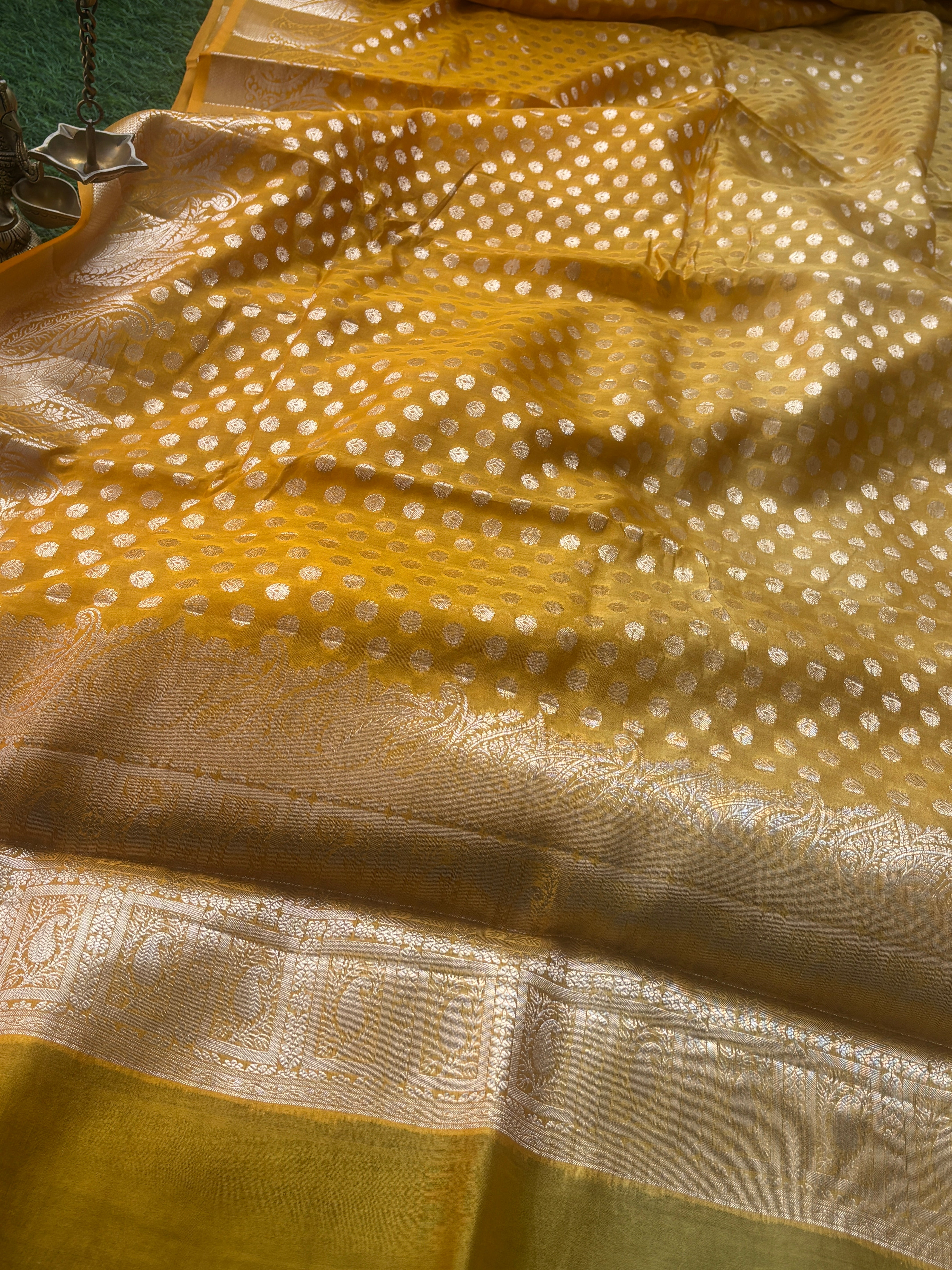 Mango Yellow Pure Dupion Silk Saree with Allover Zari Butta & Zari Border | Chandrika Lifestyles