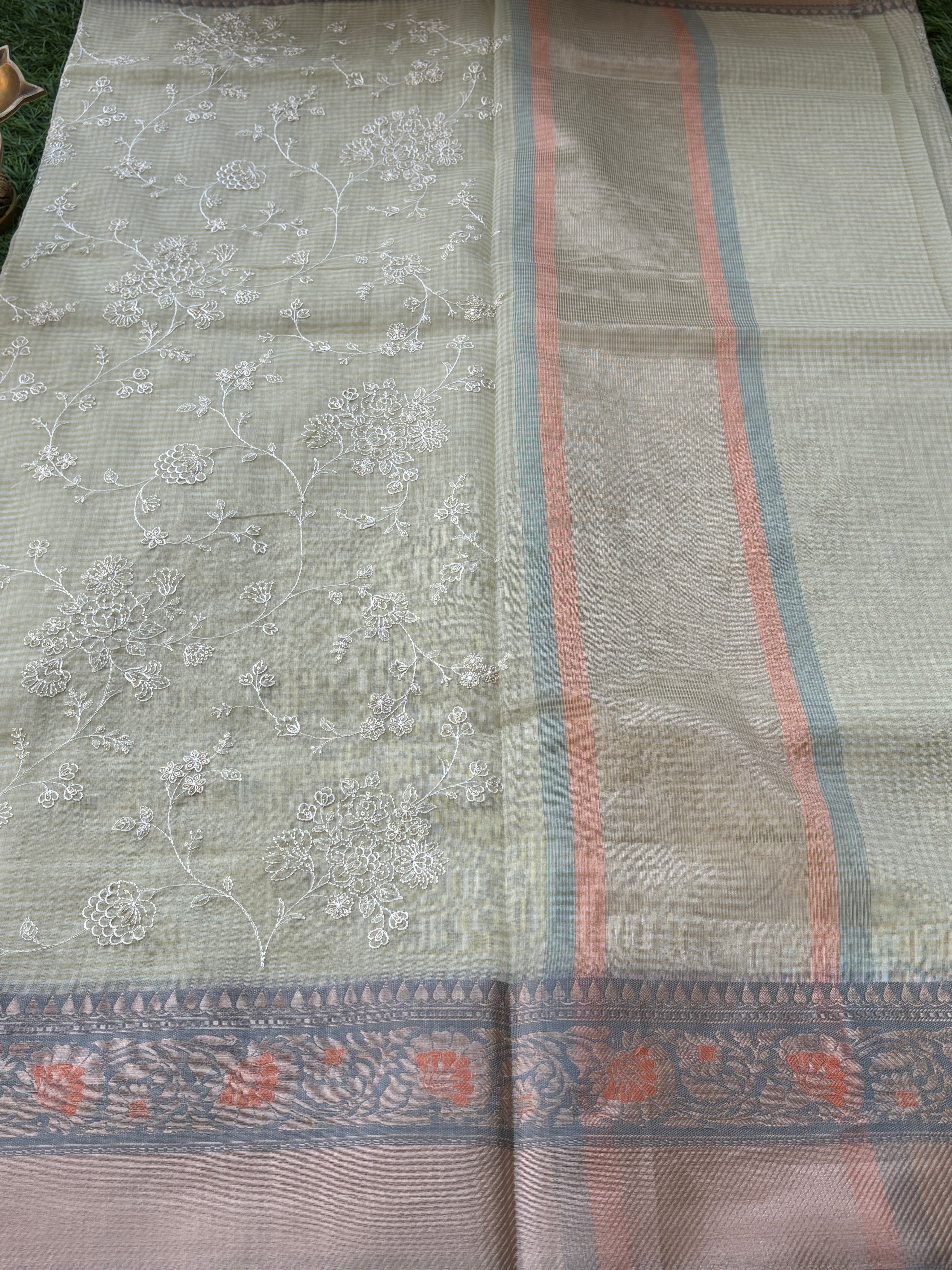 Pastel Pista Green Banarasi Mercerised Cotton Saree with Thread Embroidery & Resham Border
