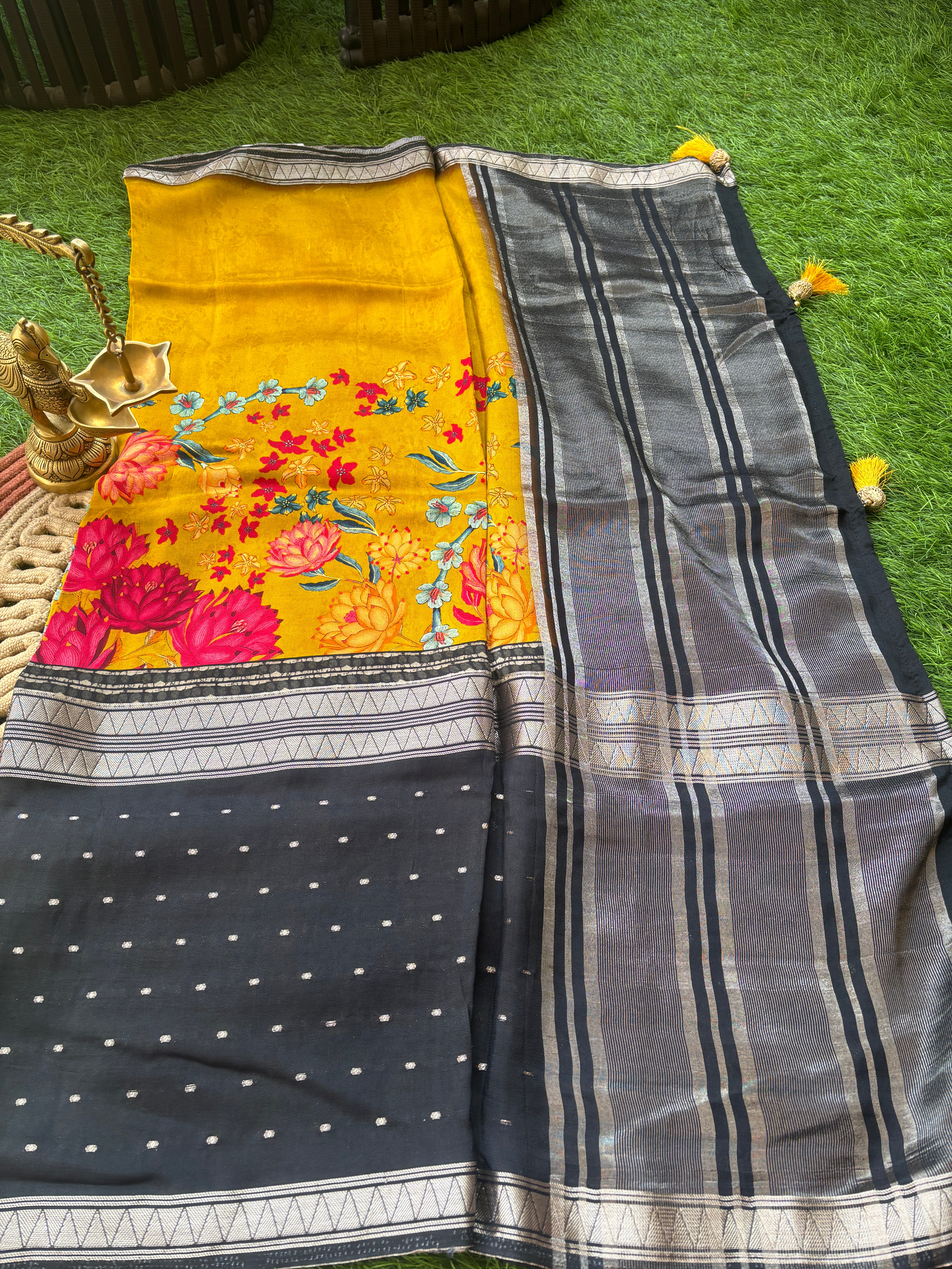 Pure Crepe Silk Mango Yellow & Black Digital Printed Designer Sare