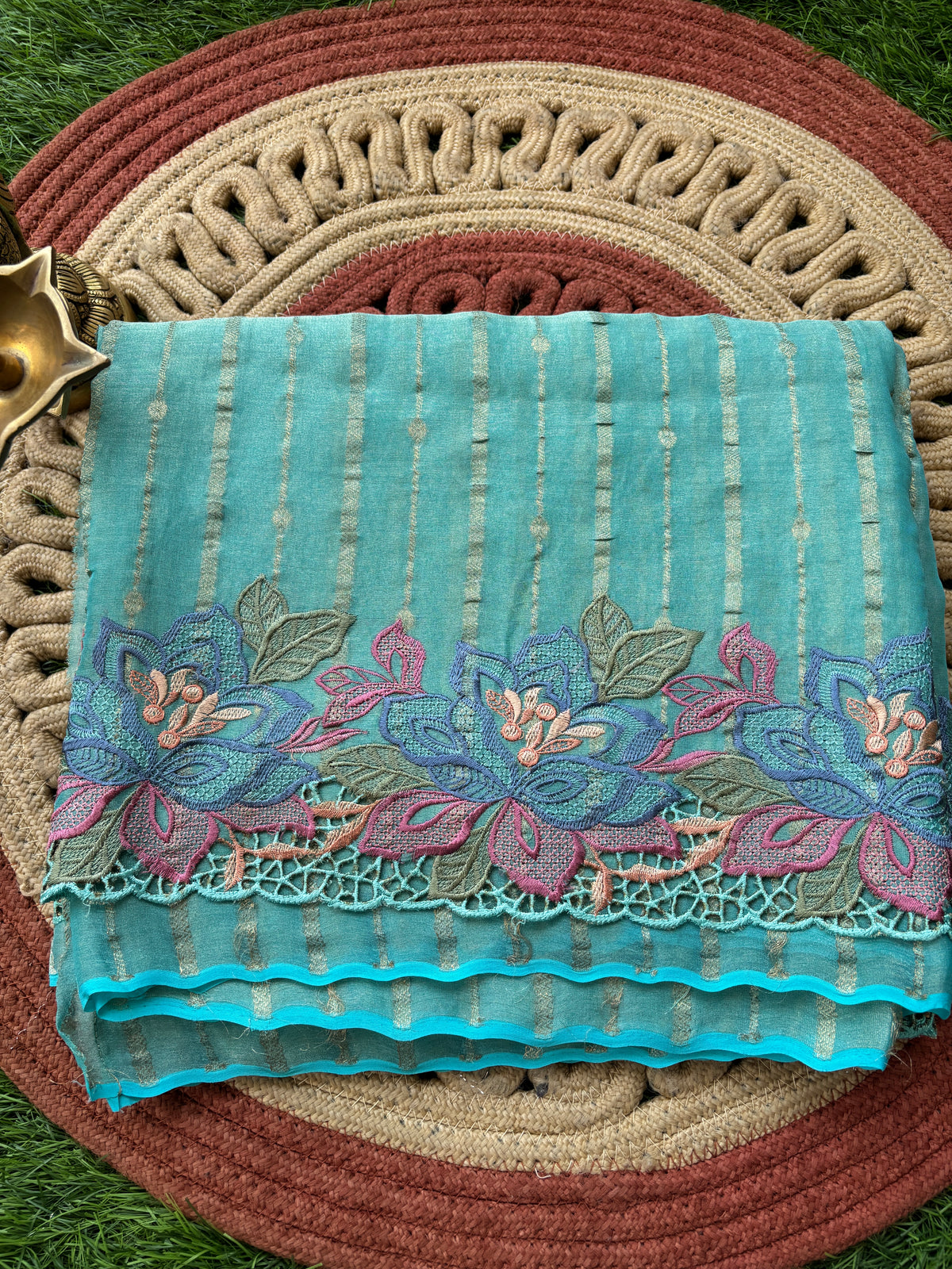 Elegant Sea Green Pure Tissue Silk Saree with All-Over Embroidery & Cutwork Design