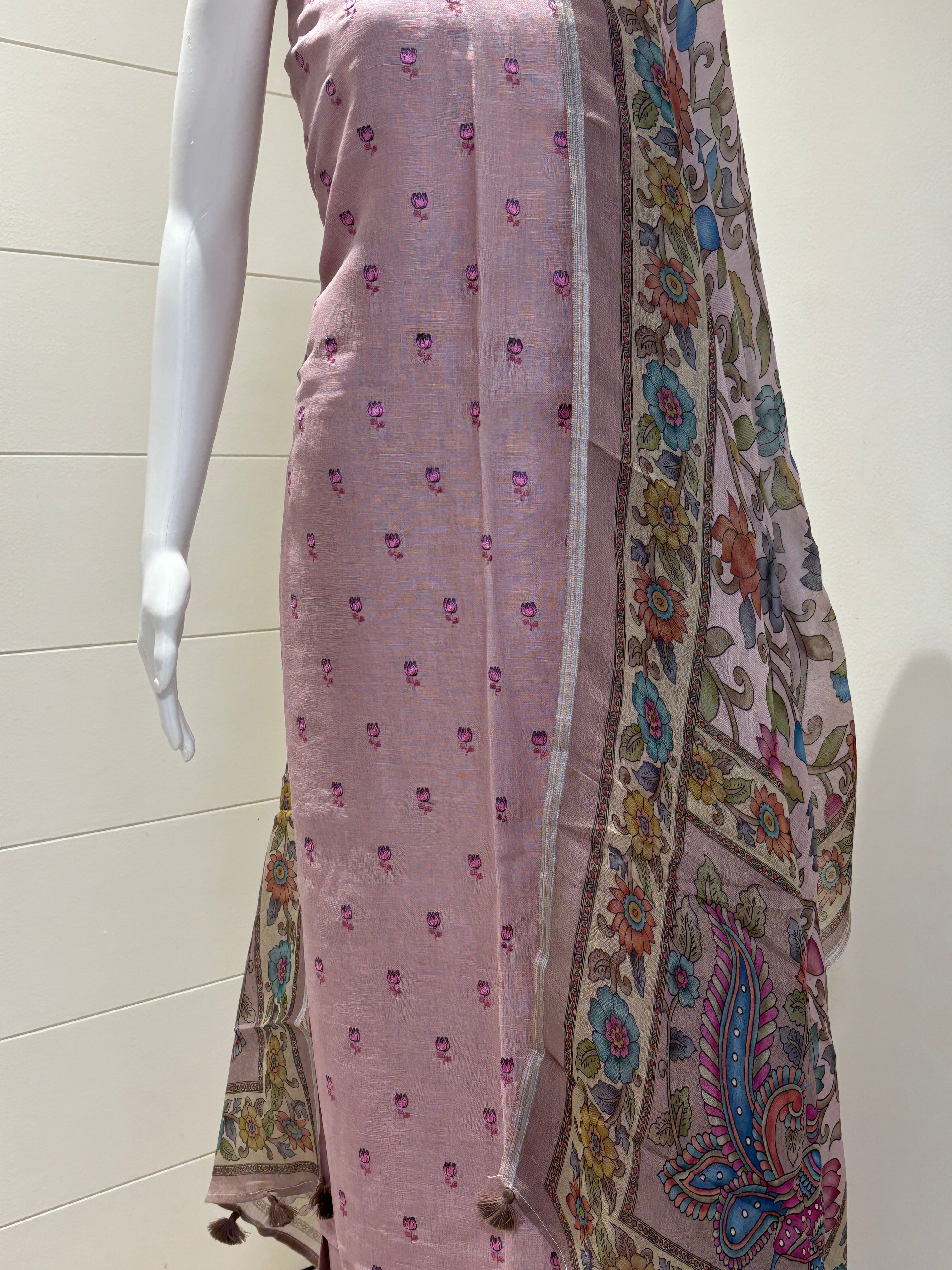 Chandrika Lifestyles | Onion Pink Linen Suit – Lotus Embroidery