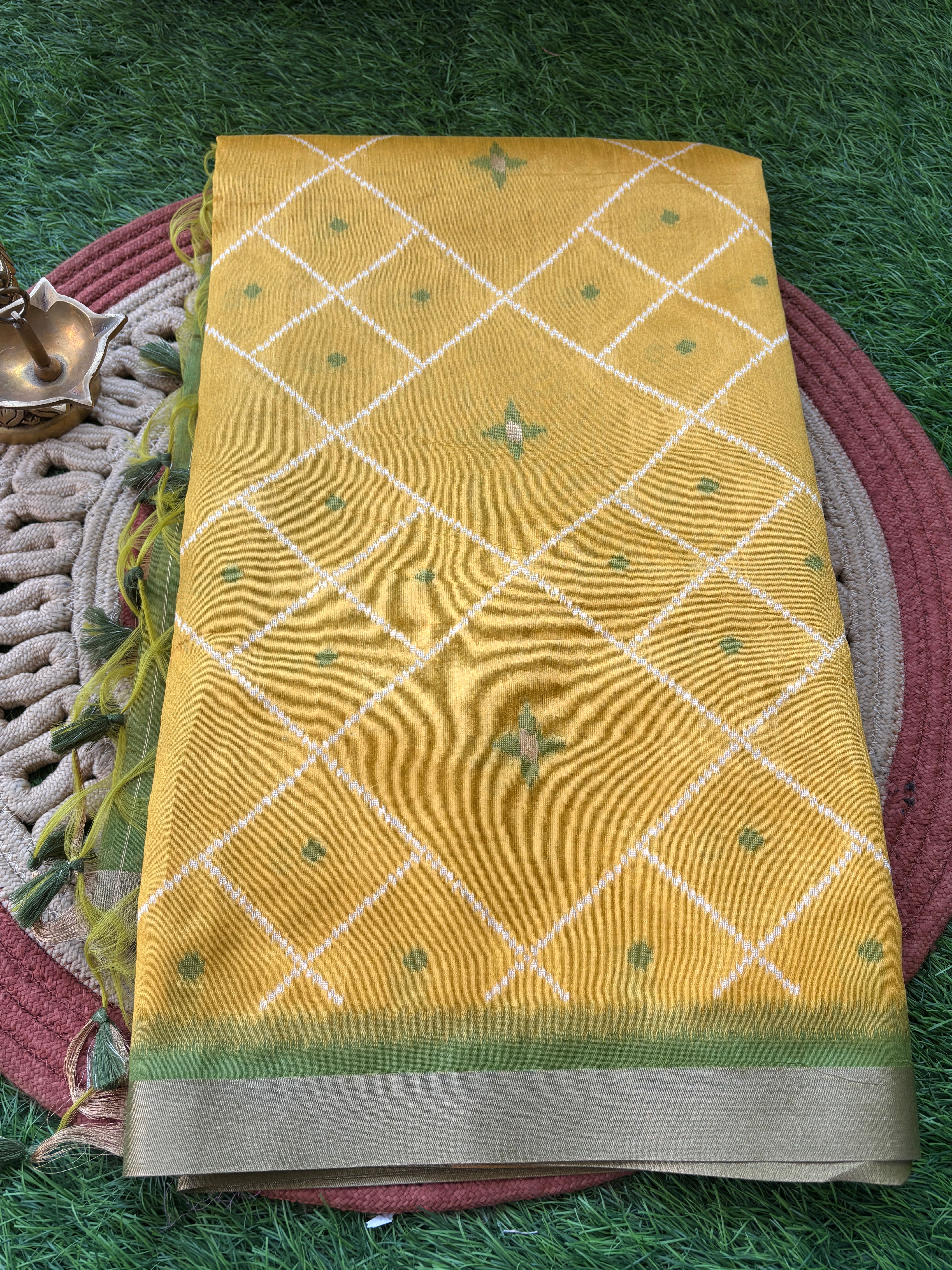 Yellow Mercerized Cotton Saree with Allover Ikat Print | Chandrika Lifestyles