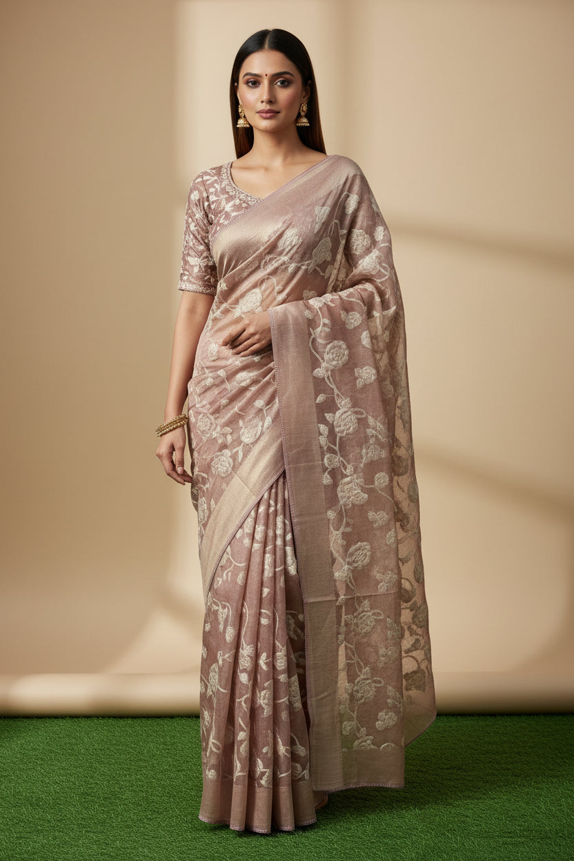 Metallic Onion Pink Tissue Saree with Allover Applique Work | Chandrika Lifestyles