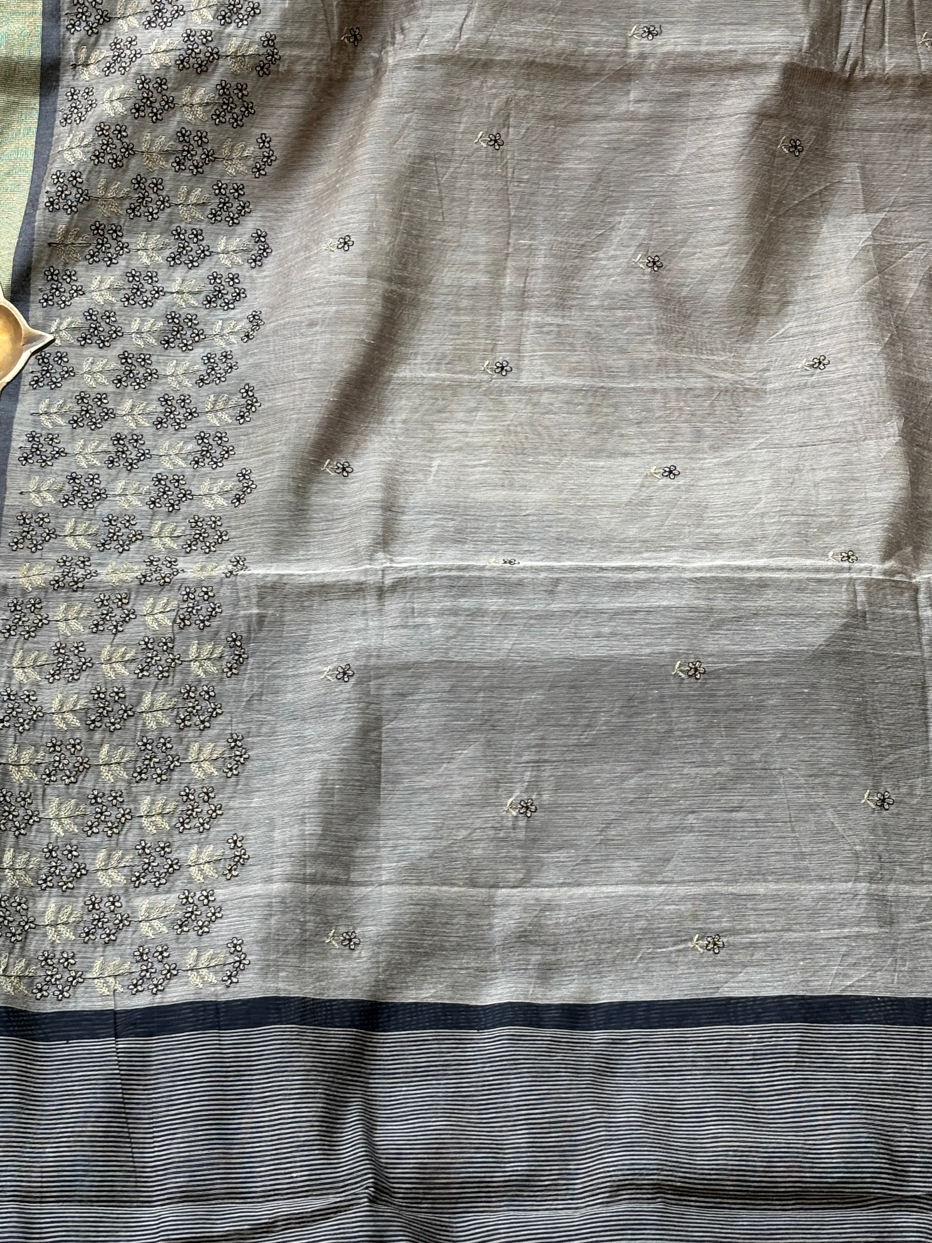 Grey Mercerized Cotton Saree with Allover Floral Thread Embroidery | Chandrika Lifestyles