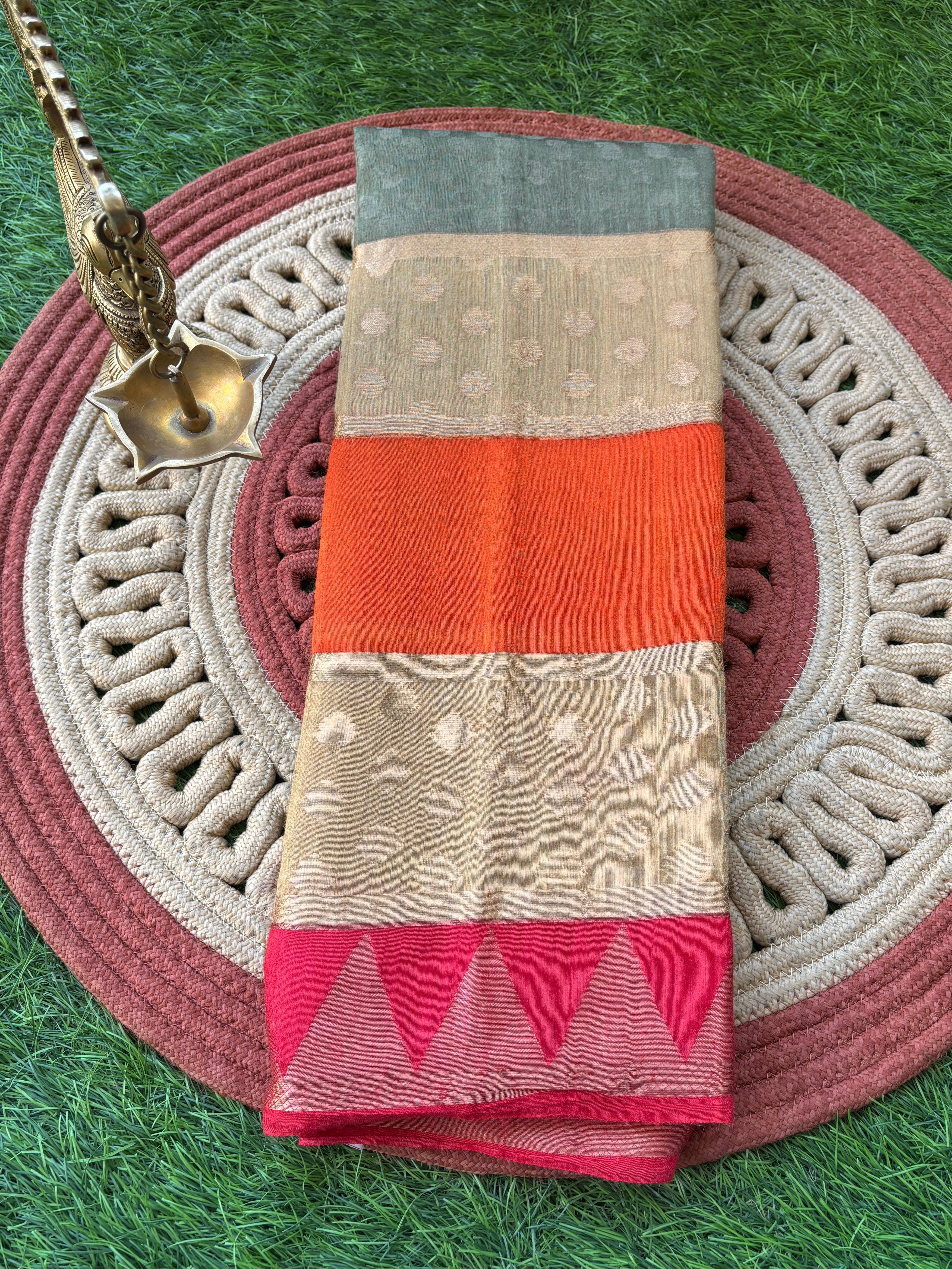 Grey Munga Silk Saree with Red Border & Multicolour Stripes | Chandrika Lifestyles