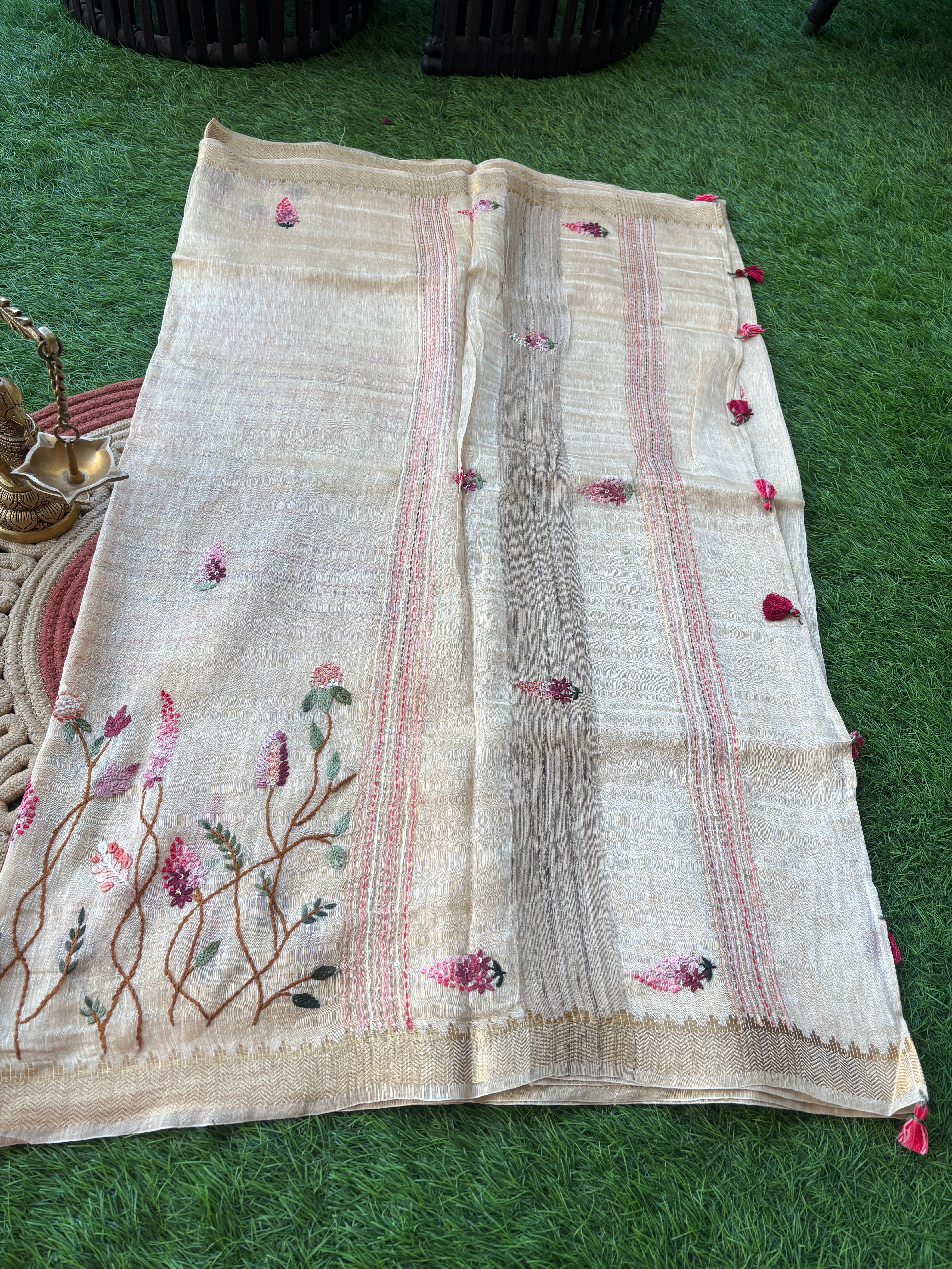 Off-White Pure Linen Saree with Allover Floral Embroidery | Chandrika Lifestyles
