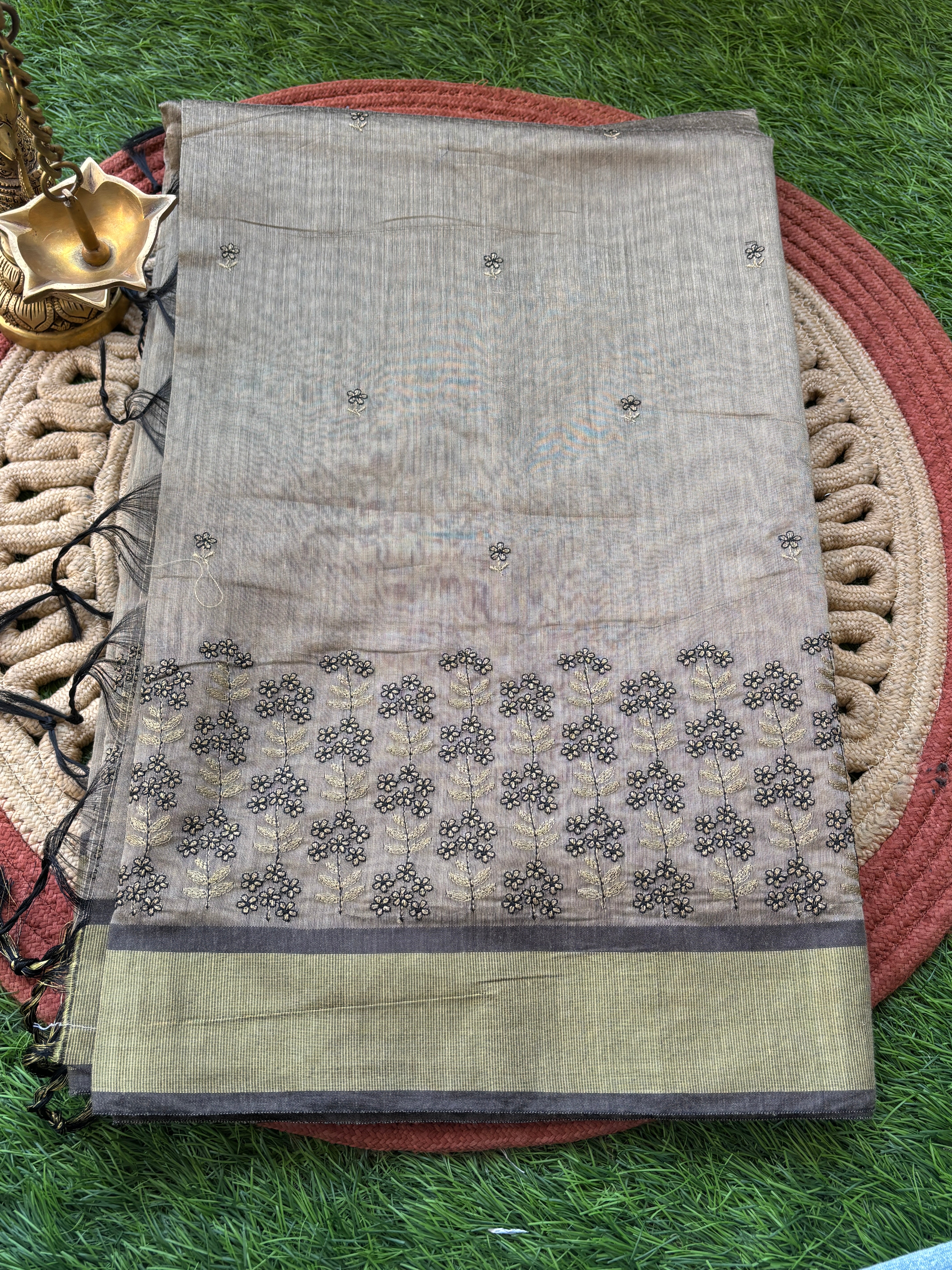 Grey Mercerized Cotton Saree with Allover Floral Thread Embroidery | Chandrika Lifestyles