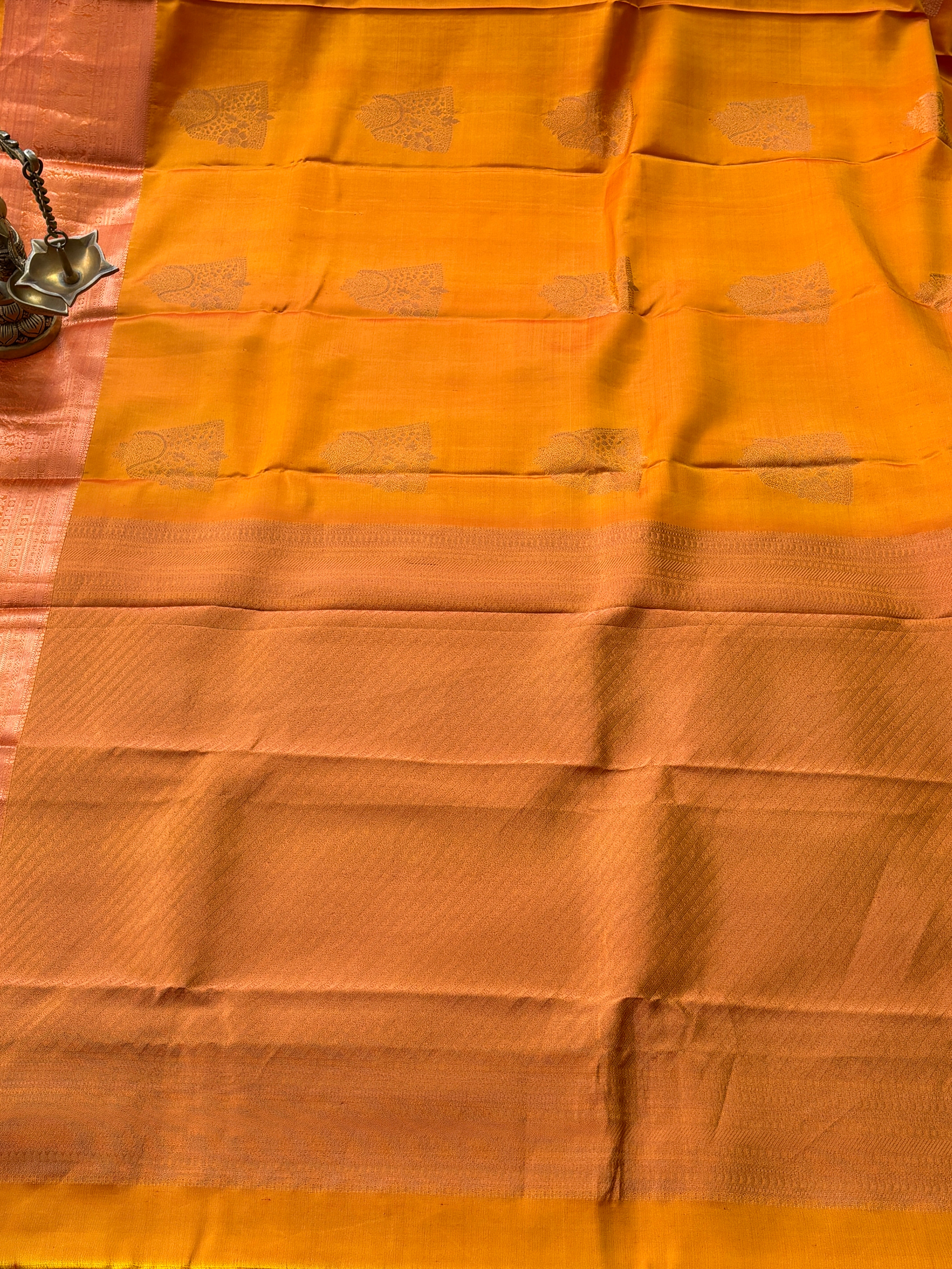 Mango & Orange Dual-Tone Kanjeevaram Pure Silk Saree with Broad Zari Woven Border