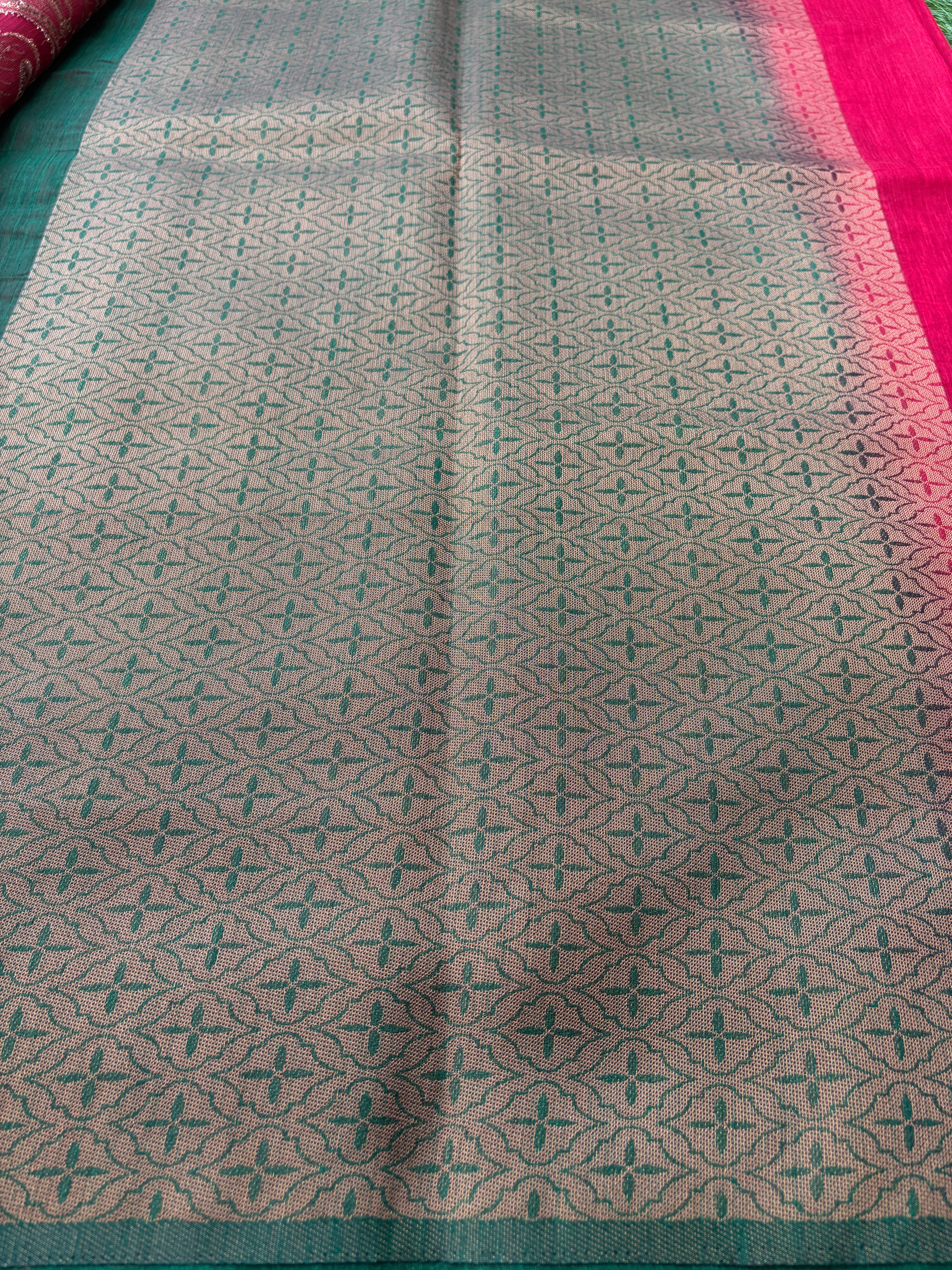 Red Banarasi Cotton Saree with Allover Weaving & Green Border | Chandrika Lifestyles