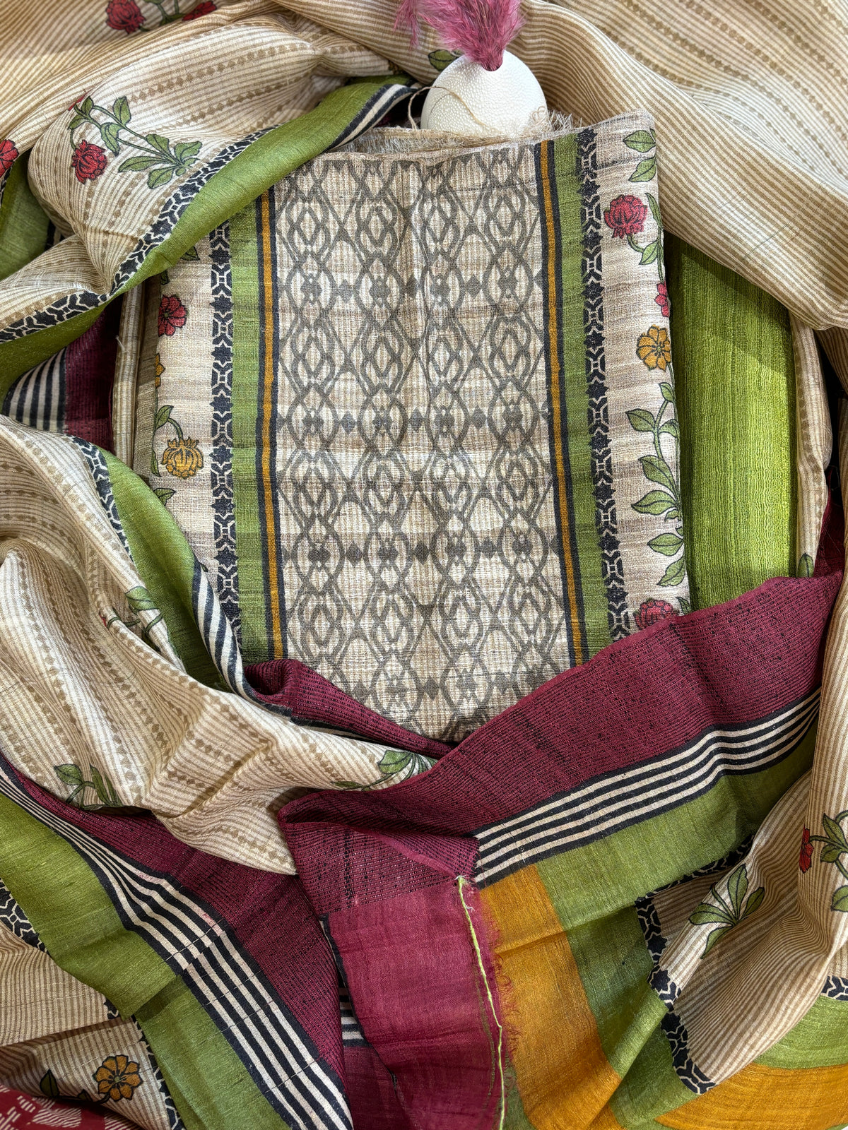 Pure Raw Tussar Silk Digital Printed Suit Material with Multicolour Ethnic Design & Beige-Green-Maroon Shaded Dupatta