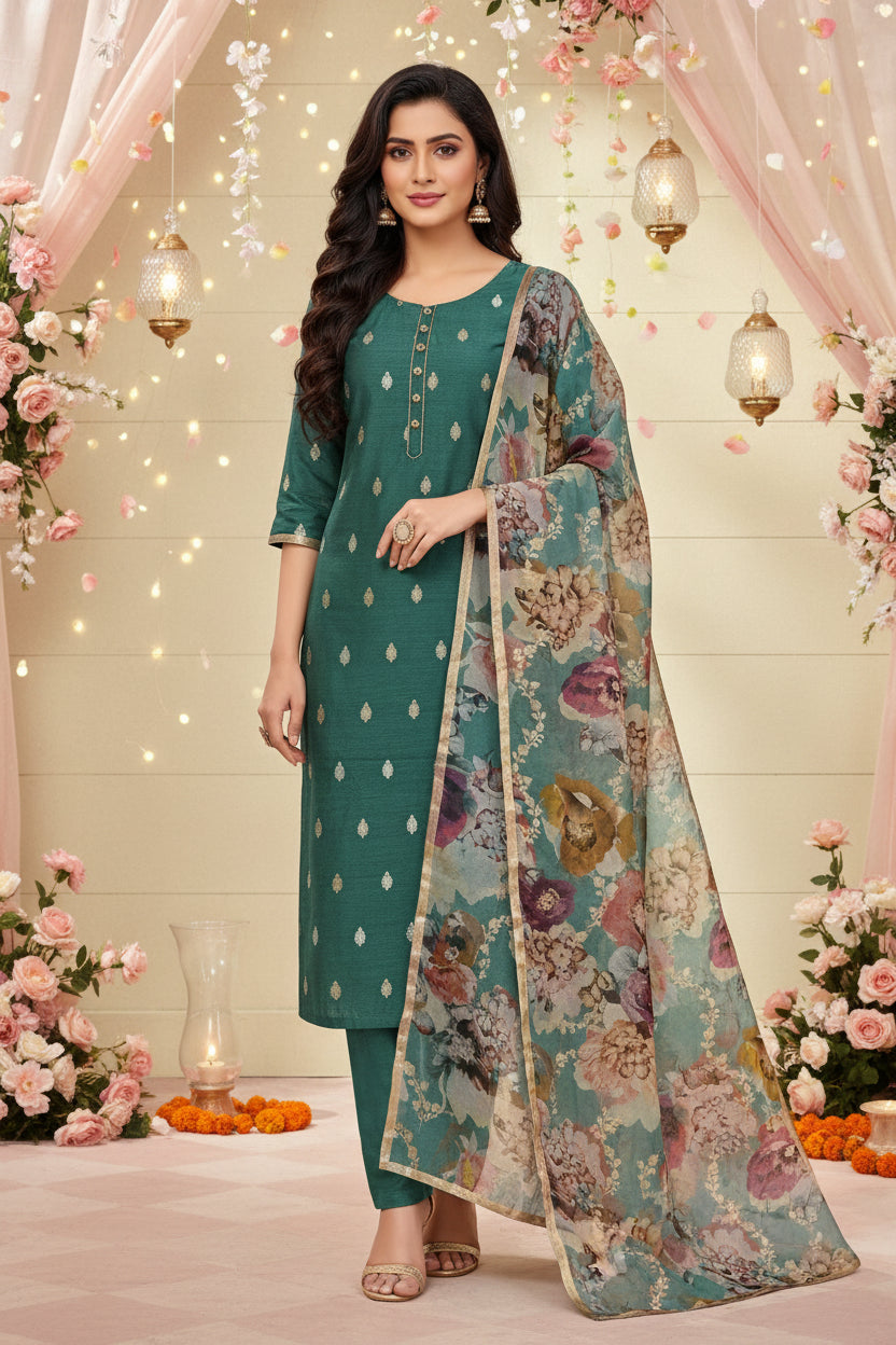 Sea Green Pure Tussar Silk Banarasi Rupa Zari Suit Material with Organza Dupatta | Chandrika Lifestyles
